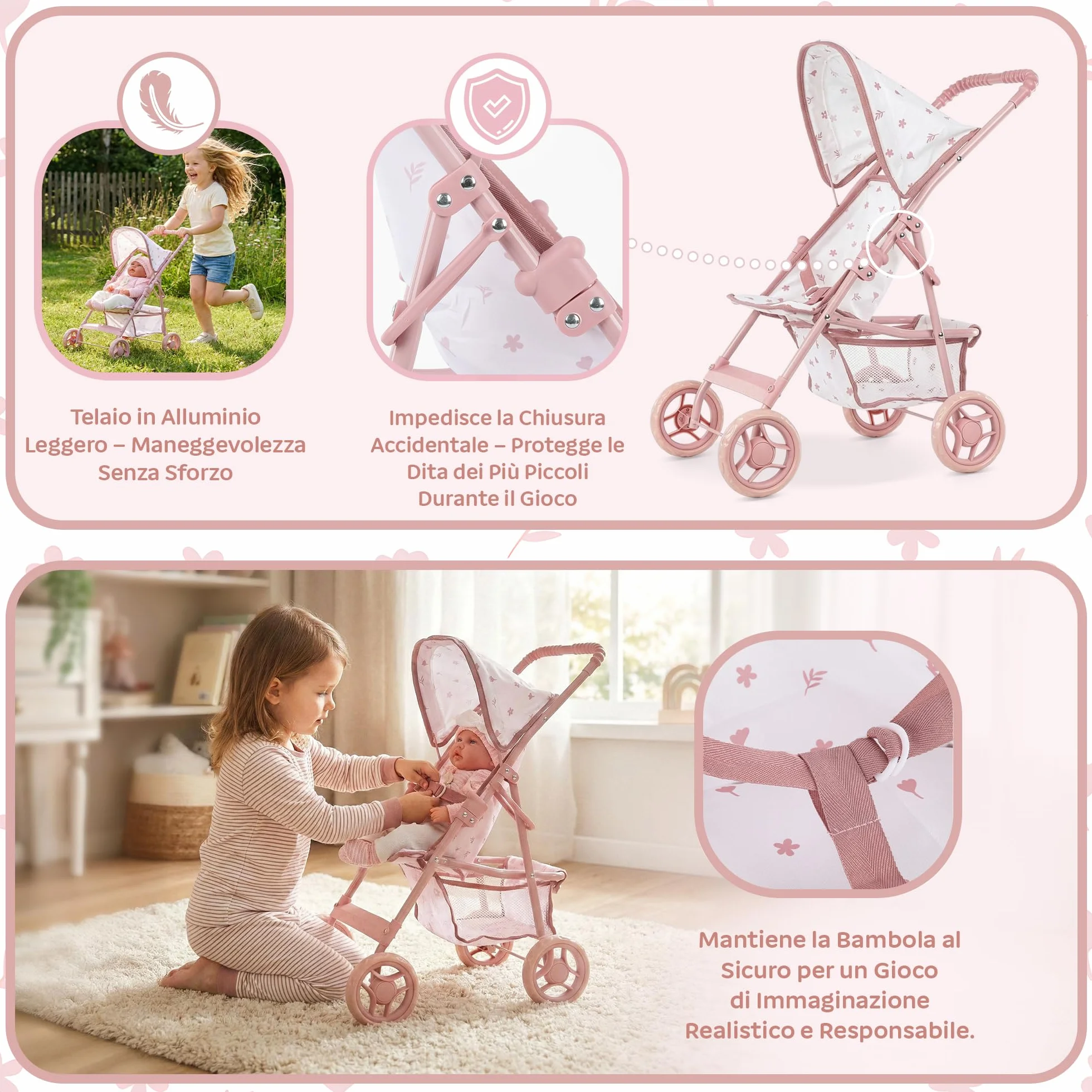 Kinderplay Passeggino per bambole dai 3 anni in su - Passeggino leggero e pieghevole, con ruote in EVA, cinghia e tettuccio, colore rosa