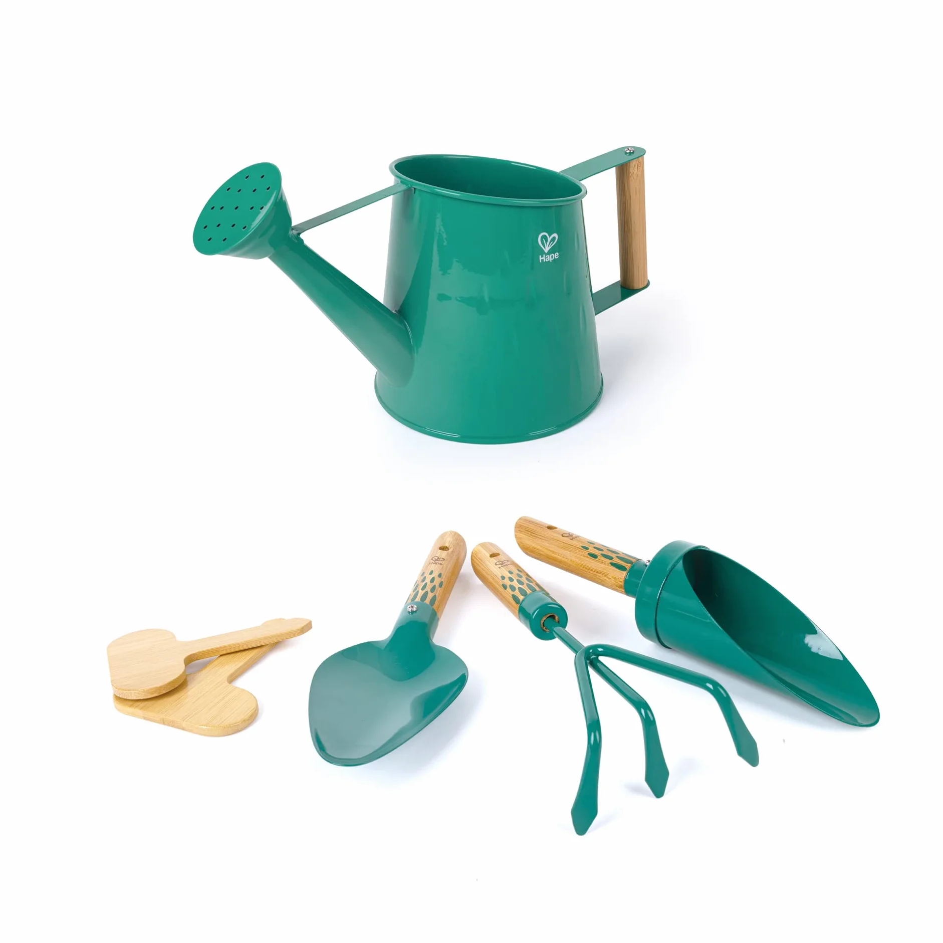 Hape Nature Fun - Set da Giardinaggio: annaffiatoio, spatola, rastrello e minivanga in Ferro e bambù per Piccoli giardinieri dai 4 Anni in su