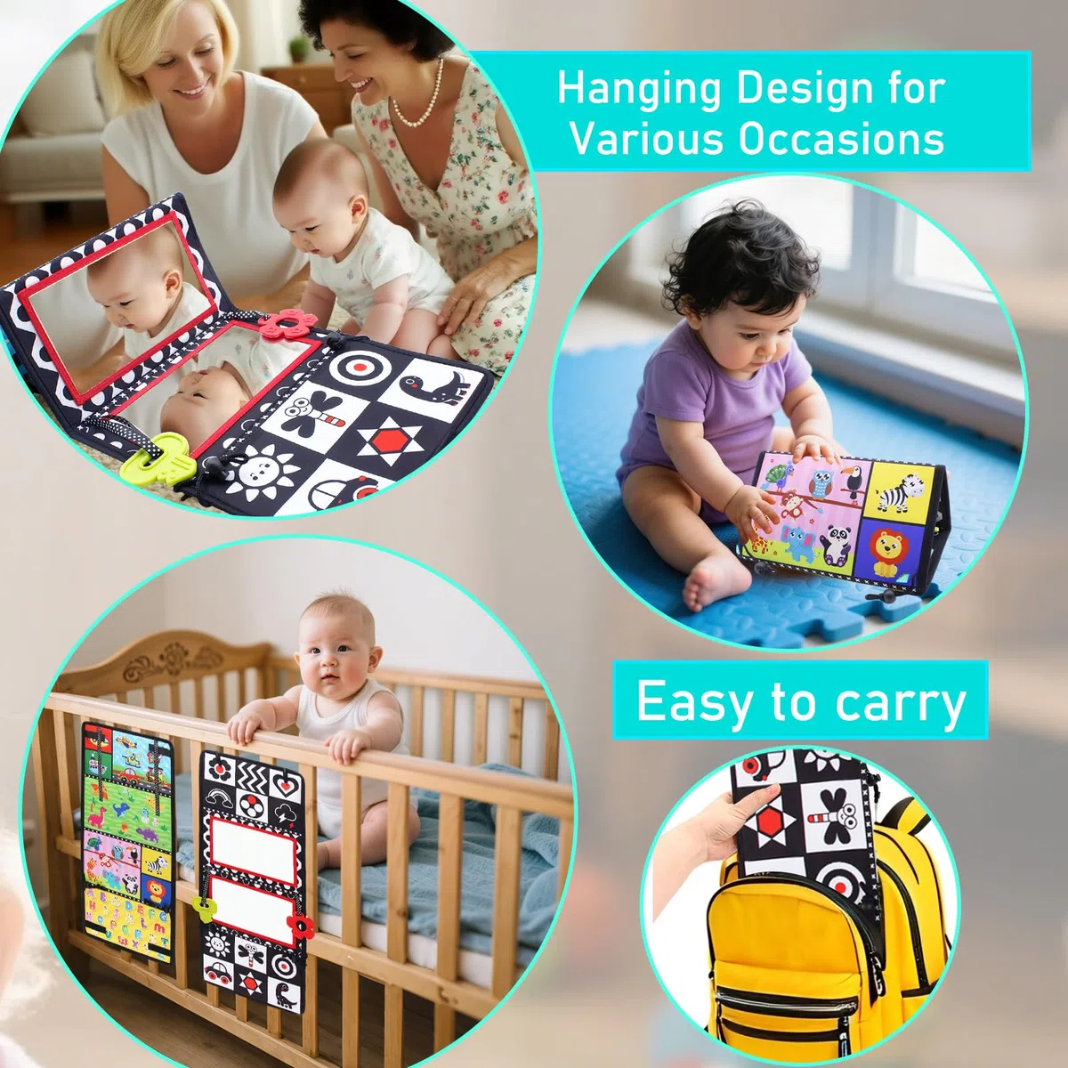 Specchio giocattolo per bambini, supporto addominale pieghevole, giocattolo, giocattoli del tempo per bambini, carta di contrasto, libro di contrasto, libro in tessuto, specchio per bambini