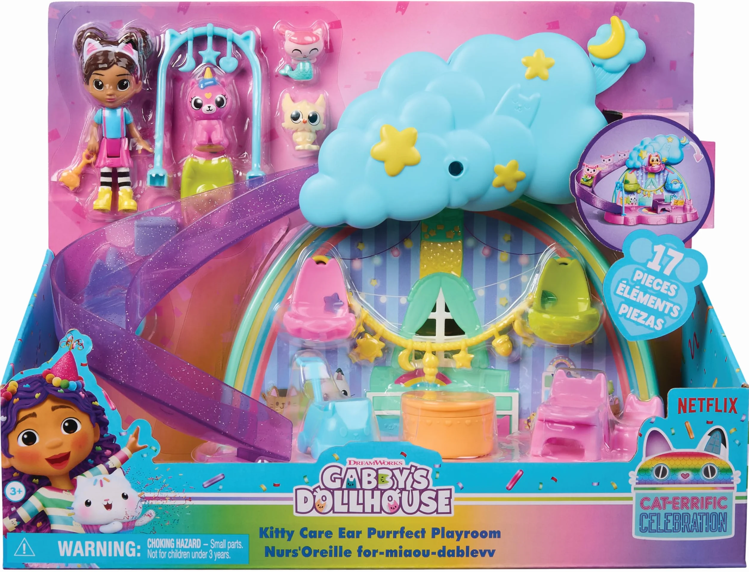 Gabby's Dollhouse, Stanza dei Giochi dell'Asilo Gatto-Orecchio, Set di Gioco da 17 Pezzi con 4 Personaggi e Mobili per la Casa delle Bambole, Giocattoli per Bambine e Bambini, 3+ Anni