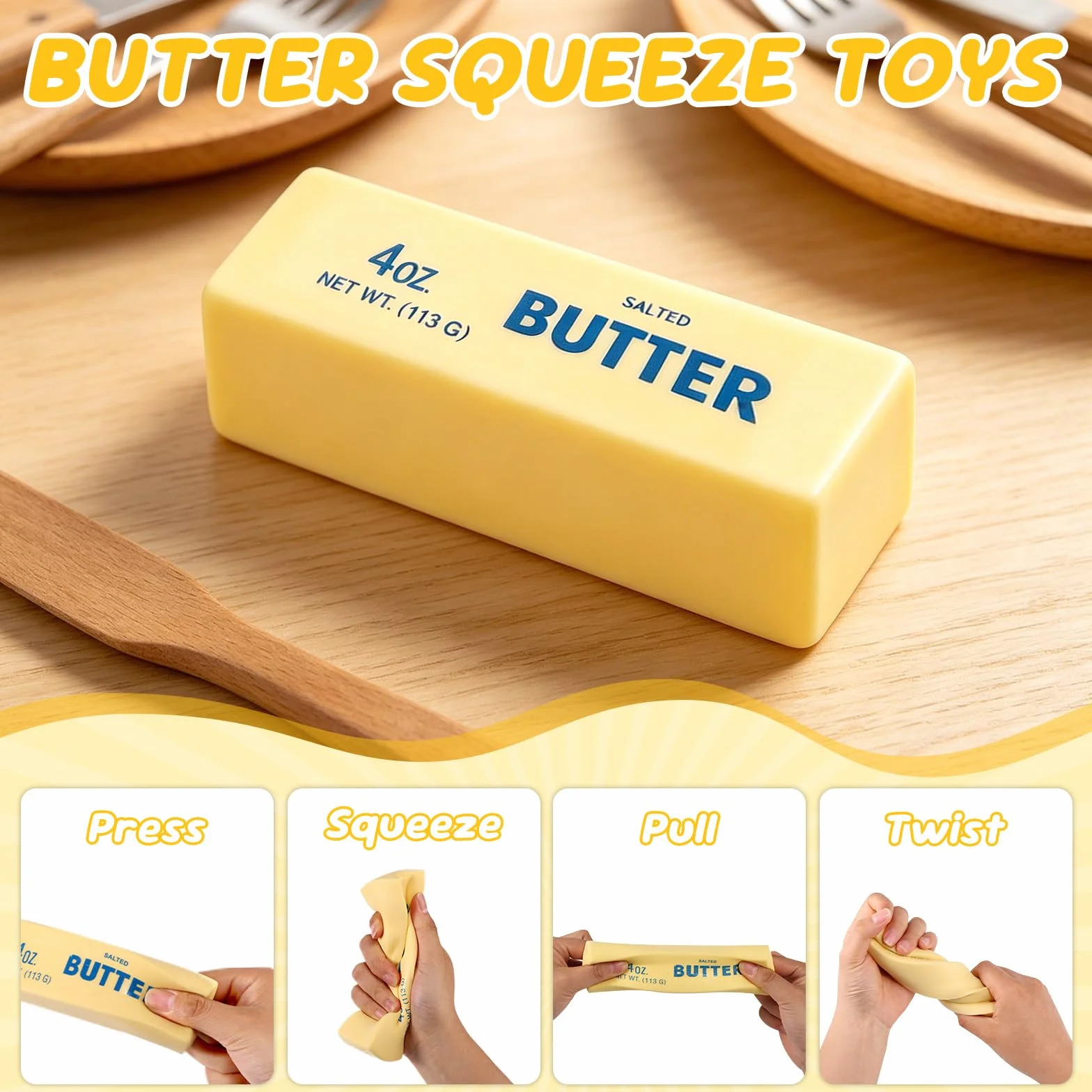 Lyreh 4pz Giocattolo da Spremere di Burro, Bastoncino di Burro Giocattoli a Lenta Crescita in Materiale PU per Ufficio Scuola Calma(Giallo Chiaro)