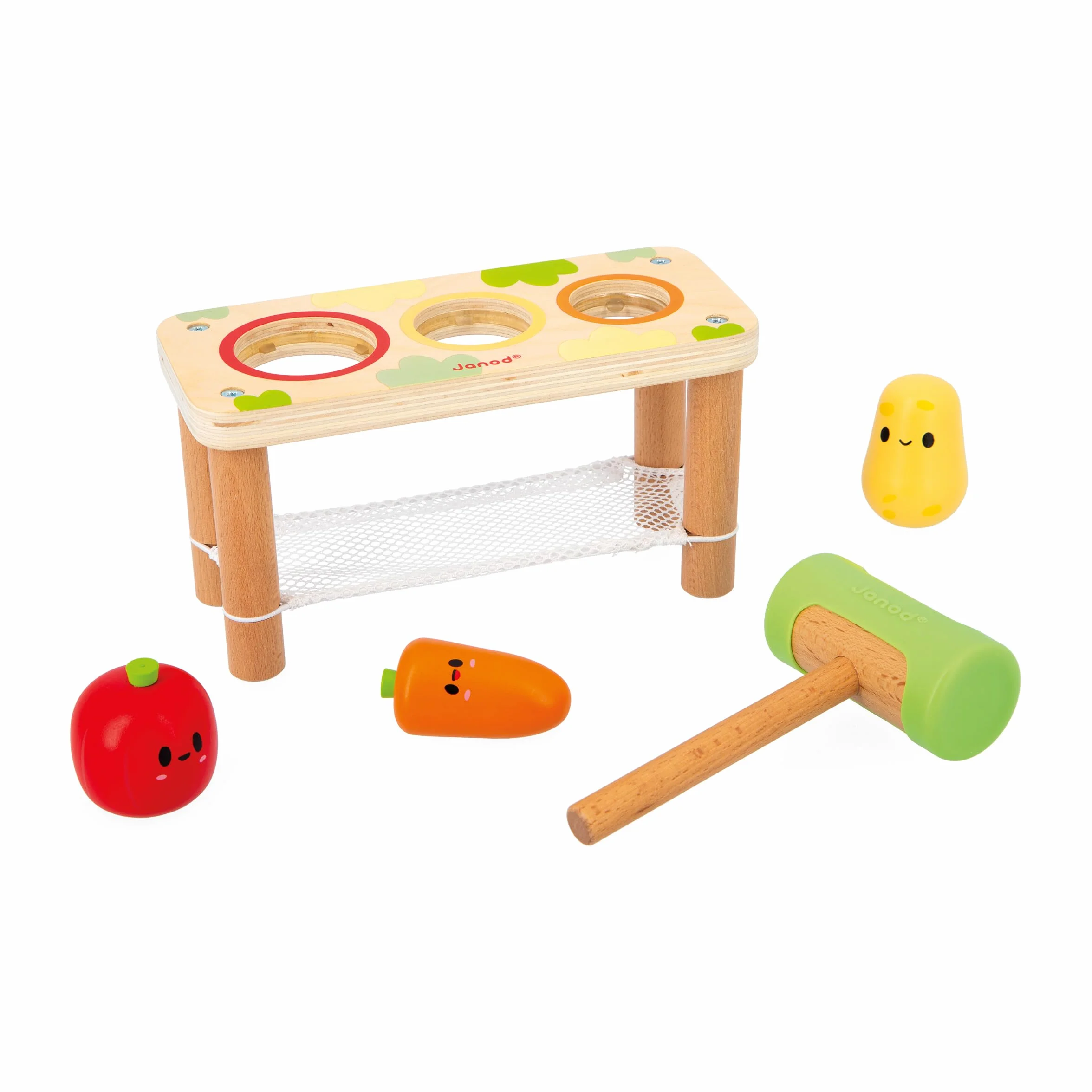 Janod Taptap Verdure della Fattoria, Giocattolo Multisensoriale per Bambini, 3 Verdure dell'Orto e 1 Martello, Sviluppa Le Abilità Fino-Motorie, Giocattolo in Legno FSC, dai 12 Mesi, J03309