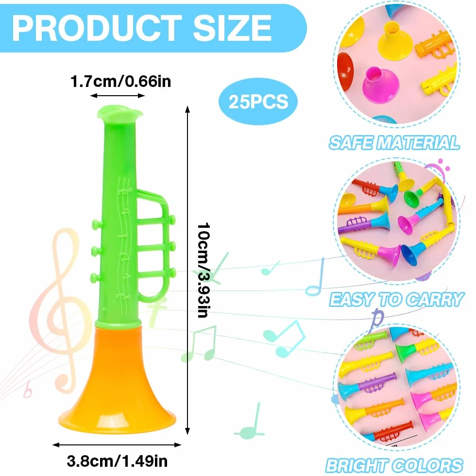 25 Pezzi Trombe Plastica Trombetta Giocattolo Bambini Vuvuzela Portatile Giocattolo Tromba Strumenti Musicali Bambini Mini Tromba Produttori di Rumore Trombetta per bambini, Colorato, 10*3.8cm