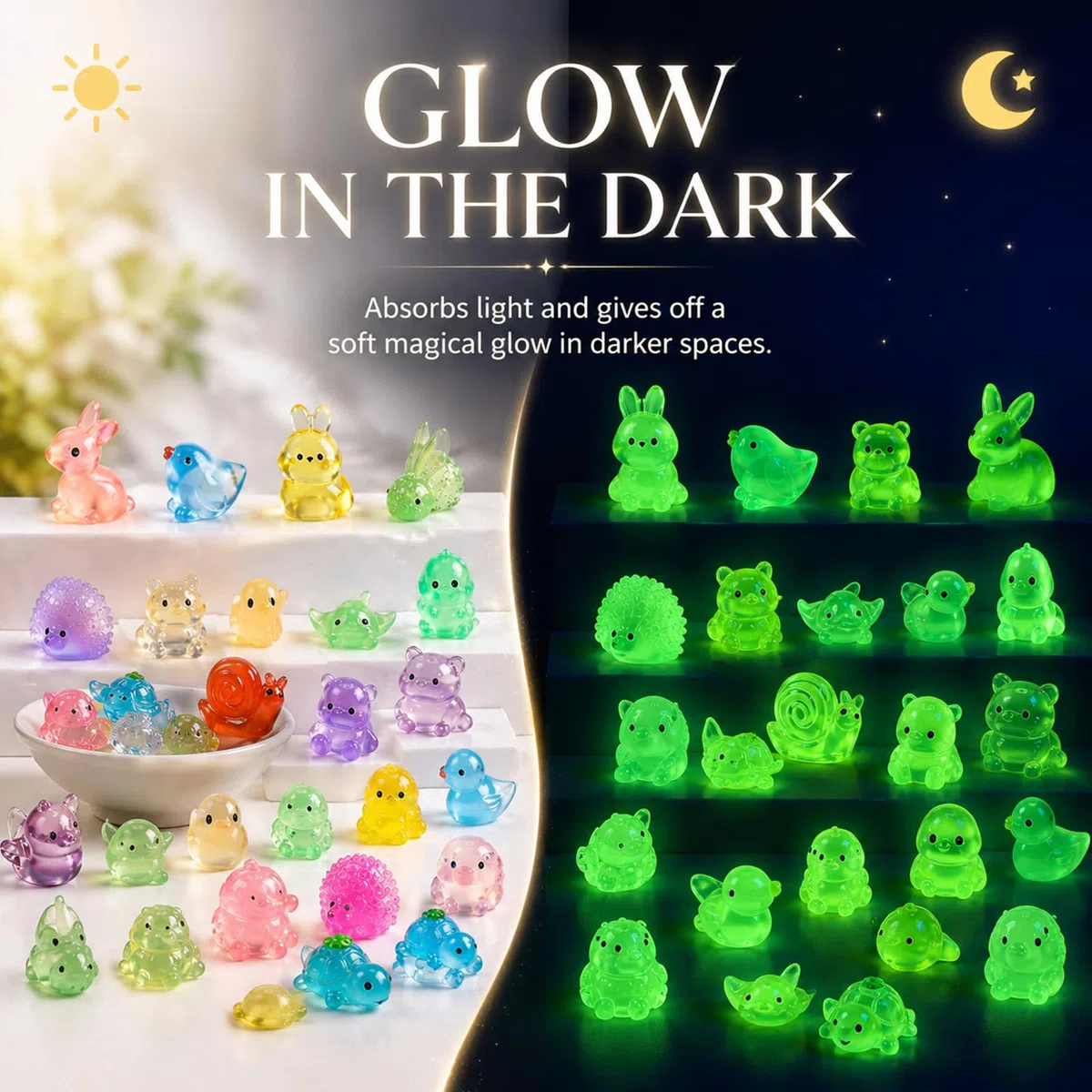 Mini animali luminosi in resina, 100 pezzi, piccoli animali in resina che si illuminano al buio, per giardino delle fate, acquario, casa delle bambole, piante in vaso, micro paesaggio