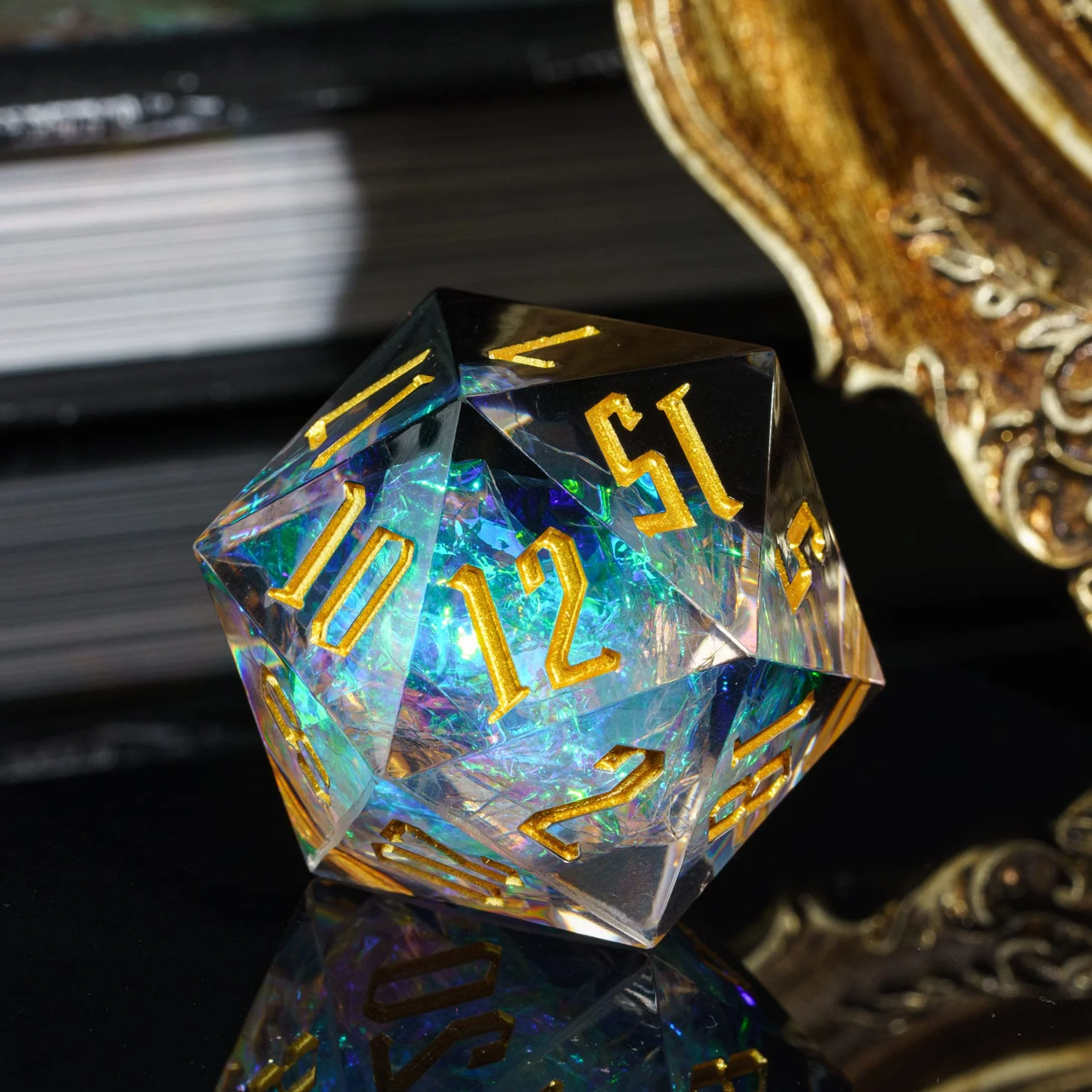 Cusdie Dadi D20 DND da 33 mm, con bordi affilati e inclusioni in lamina glitterata, dadi singoli da 20 lati, per giochi di ruolo come regalo per giochi di ruolo come dungeons e draghi (nero