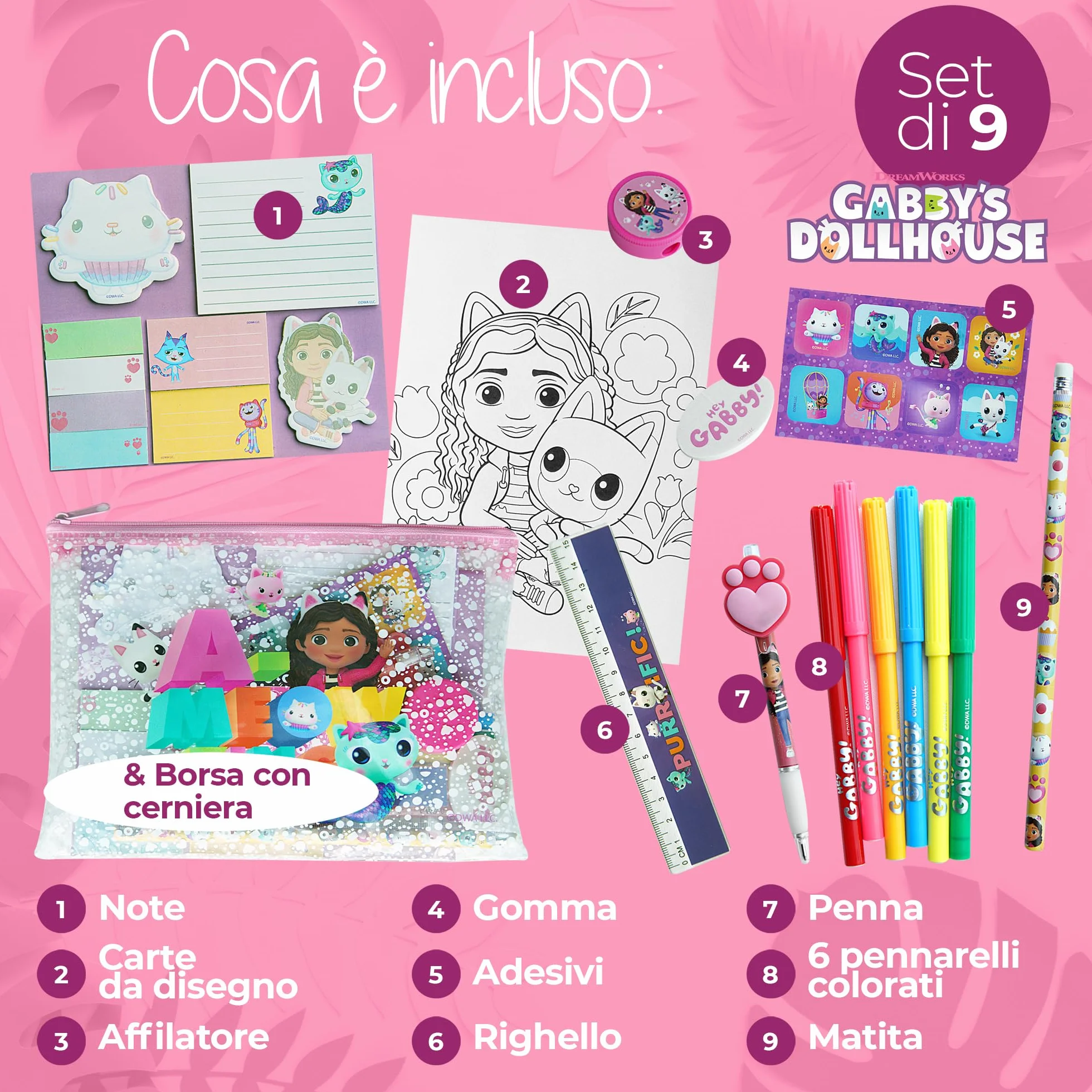 Gabby's Dollhouse - Cancelleria Gabby's Dollhouse - Set Gadget e Oggetti di Gabby con Adesivi, Penne e Pennarelli - Cose di Gabby per Bambini e Fan della Casa delle Bambole