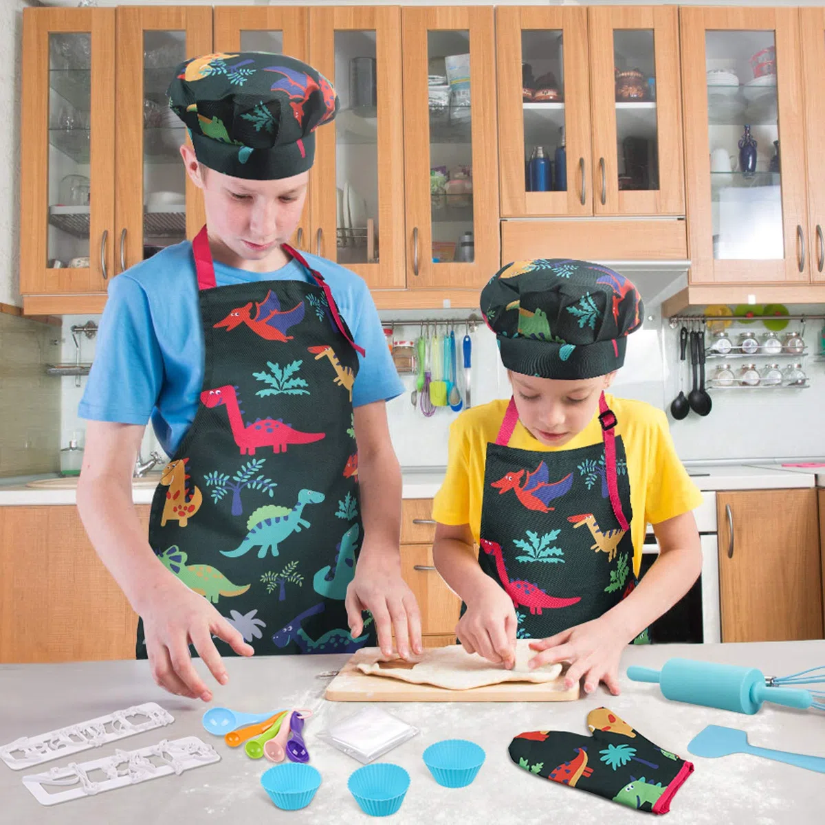 Anpro 27 Pezzi Set da Cucina per Bambini, Dinosauro Set di Chef Gioco di Utensili Bambini da Accessori, Cuoco Cappello Utensili da Cucina Mitt, Ideale Regalo di Compleanno e Natale, 3-7 Anni