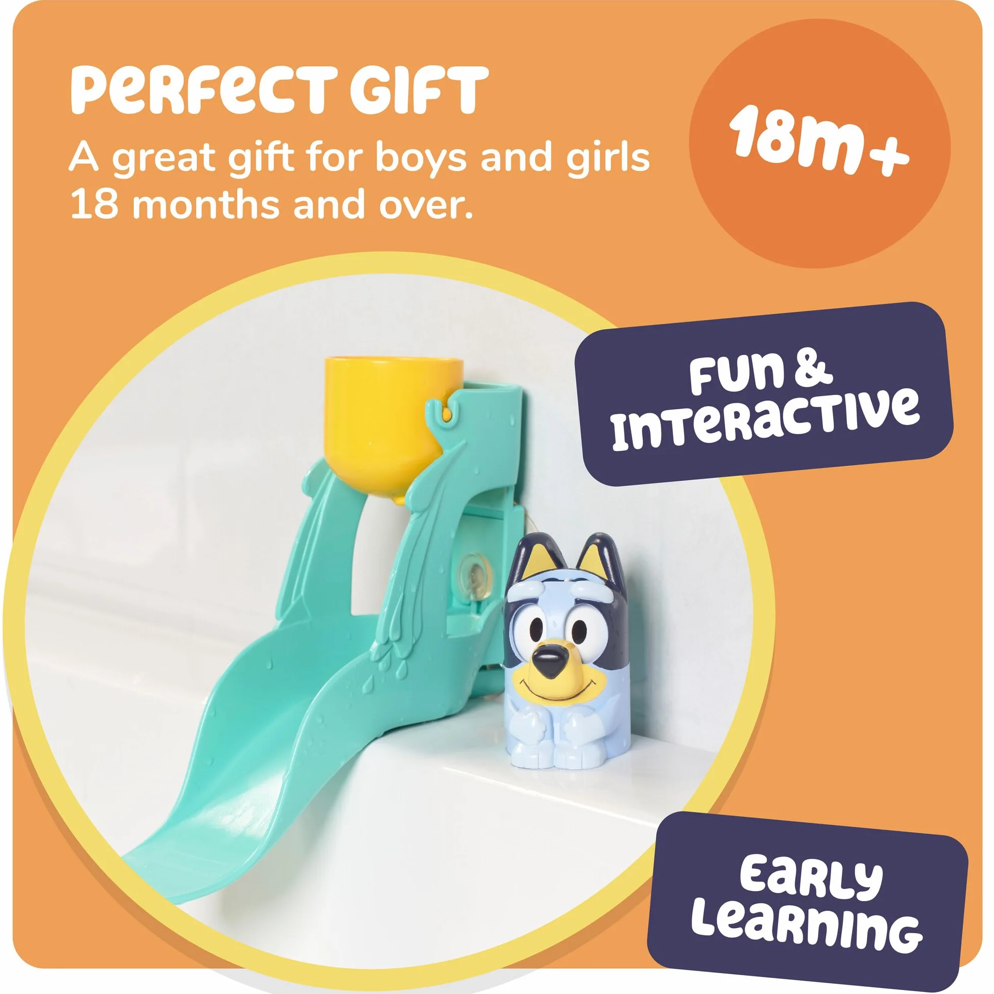 Toomies Blueys - Scivolo d'acqua, giocattolo da bagno per bambini, divertimento acquatico con giranti, promuove le capacità motorie fini, con ventose, a partire dai 18 mesi in su