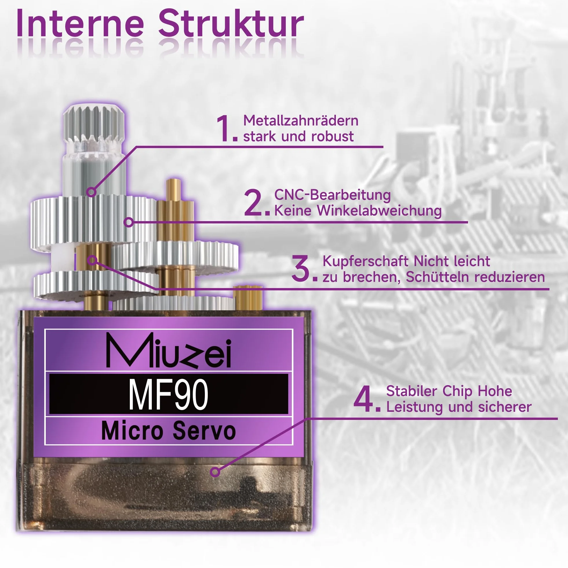 Miuzei Micro Servo Metal Gear 90 9G Rc Motore Sterzo per Arduino Set Elicottero, Auto 1/10 1/8 Robot Ala Rigida Elicottero, Modelli fai da te con Cavo Servo Horn (4 pezzi)