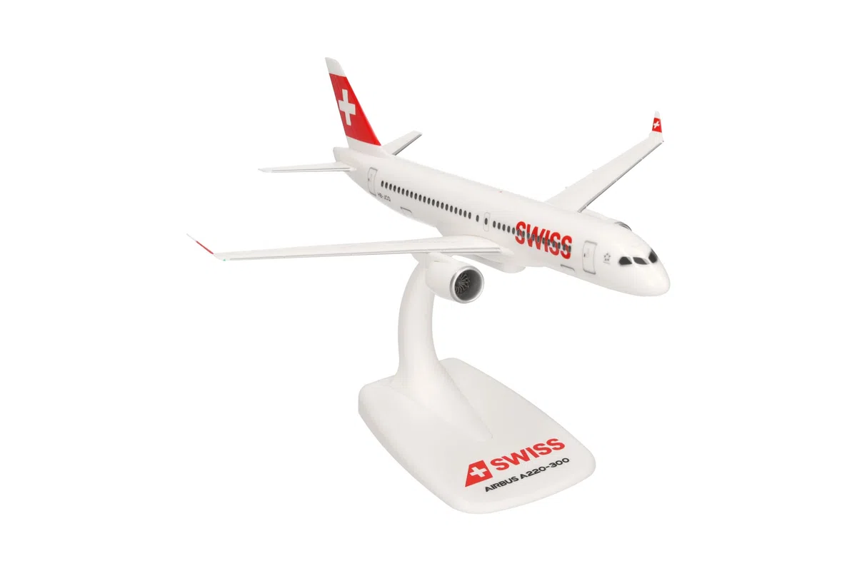 herpa modello di aereo Swiss International Air Lines Airbus A220-300 – HB-JCQ, in scala 1:200 - Snap-Fit, pezzo da collezione, miniatura deco, statuetta con supporto in plastica