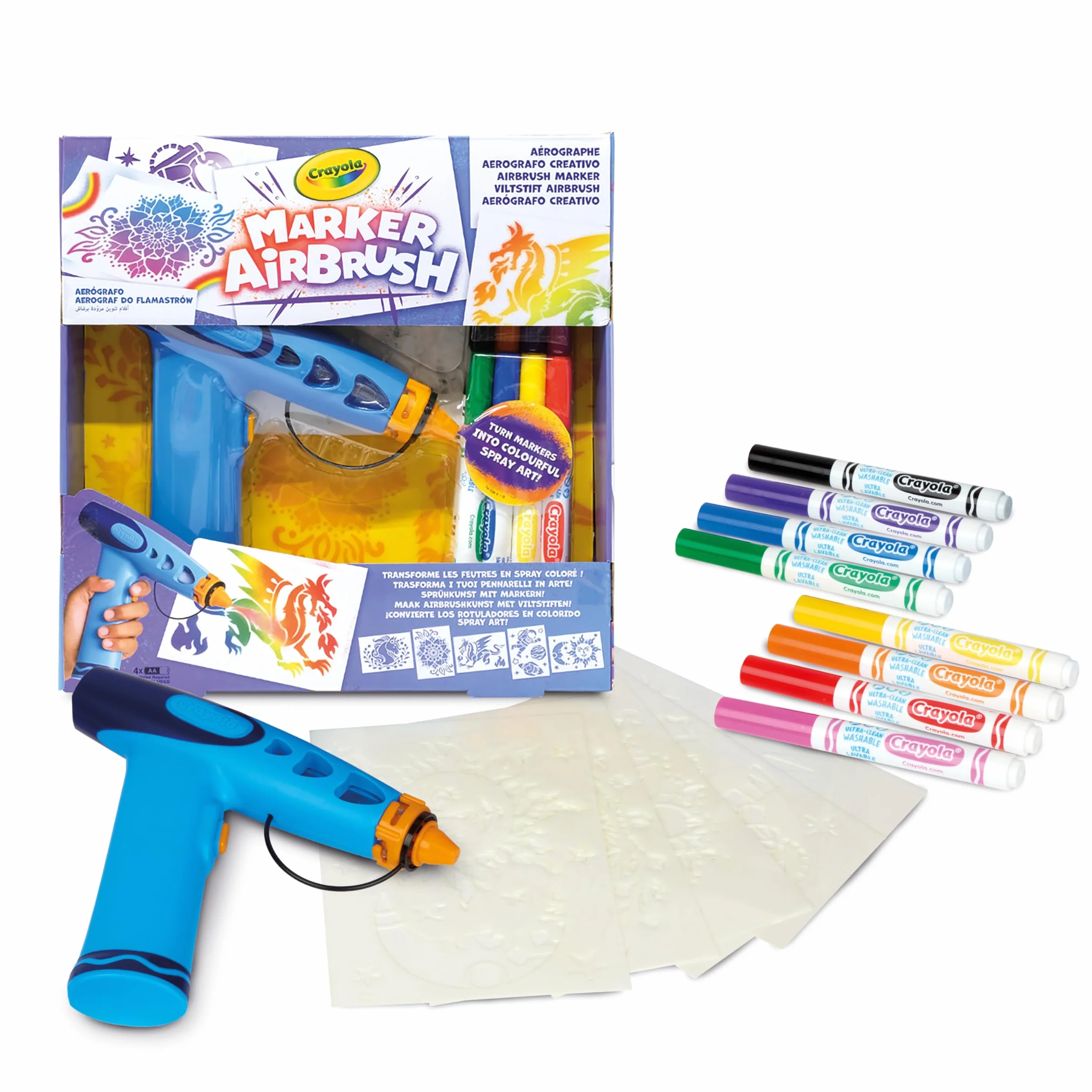 CRAYOLA Marker Airbrush - Aerografo Creativo per Bambini con 8 Pennarelli Lavabili e 5 Stencil, Giocattolo Educativo per Attività Artistiche, da 6 anni, 74-7696