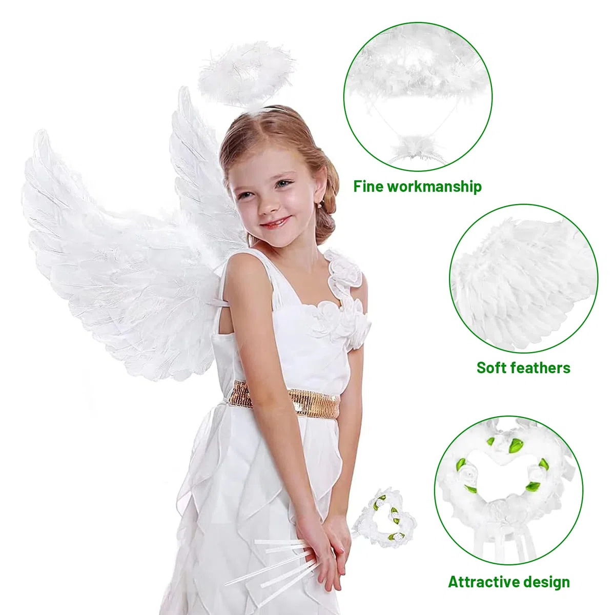 Ali d'angelo, bianco, 60 x 35 cm, costume da angelo con alone e bacchetta magica, ali di piuma, angelo bianco, costume da angelo da donna, per Halloween, carnevale, cosplay, feste, cosplay