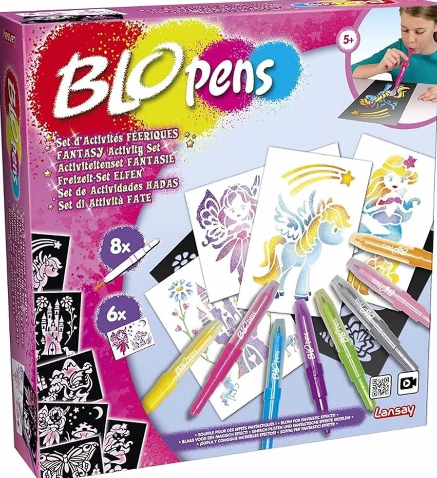 Lansay - BLOPENS - Set attività Fatate - Pennarelli da Soffiare con Stencil Riutilizzabili - Idea Regalo Bambini dai 5 Anni - Kit Creativo Disegni Fate, Unicorni e Sirene Glitterate