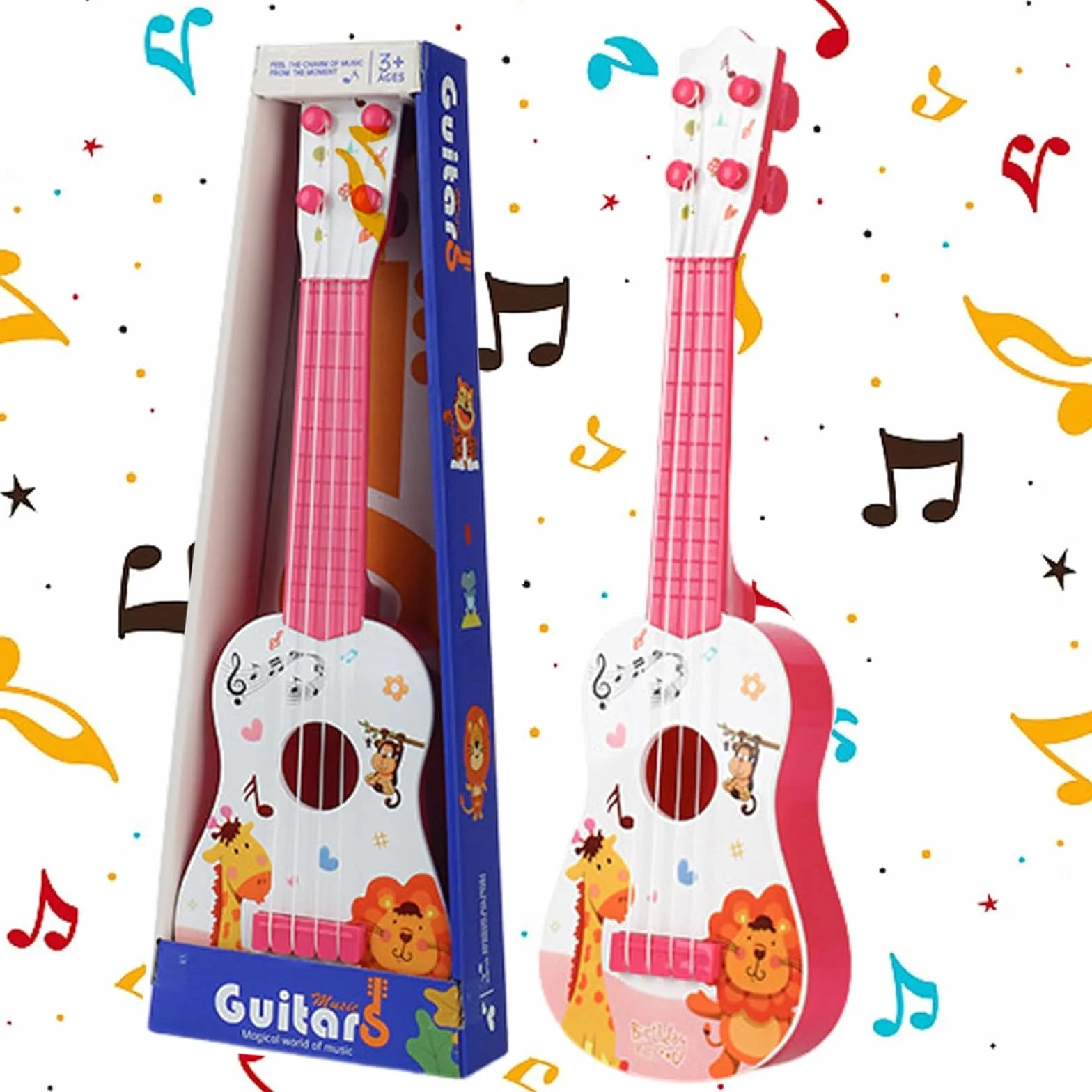 41CM Chitarra Giocattolo, Plastica Ukulele per Bambini, Mini Chitarra Bambini, Musica Giocattoli Educativi, Chitarra con 3 Corde Regolabili, per Principiante (Rosa)