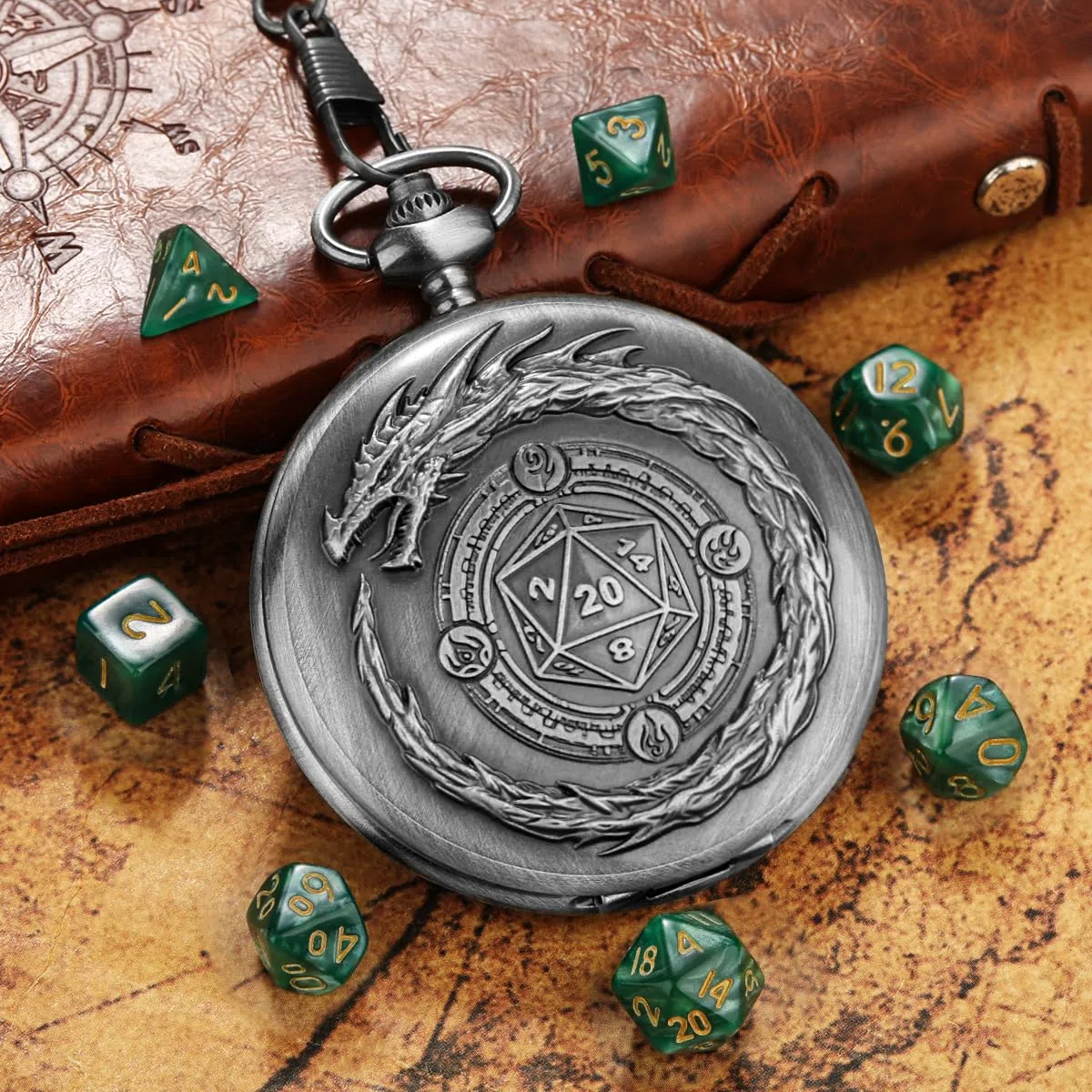 D&D - Set di 7 dadi poliedrici in acrilico poliedrico, con logo del drago, accessori per giochi di ruolo, colore argento scuro e verde