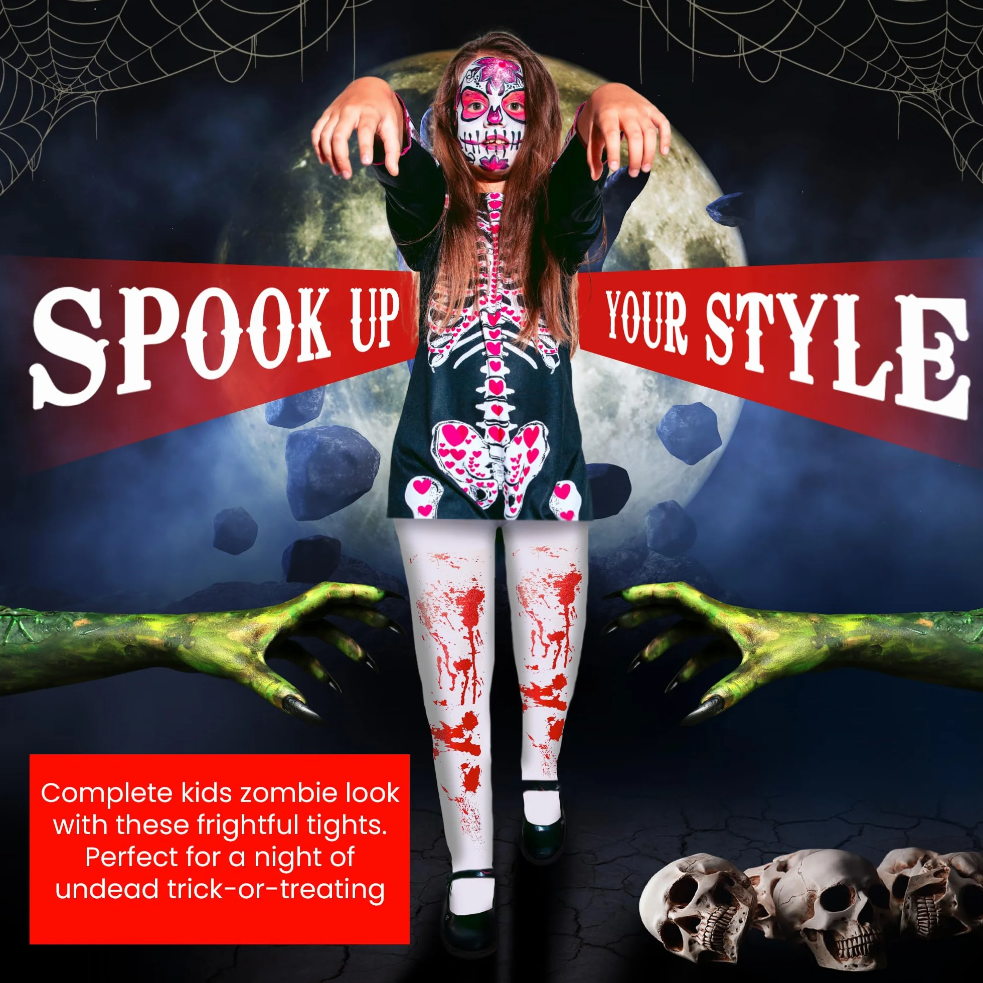 Collant macchiati di sangue per bambini costumi di Halloween - Collant macchiati di sangue rosso e bianco per età 7-12 - 1 paio di calze sanguinanti per ragazze zombie costumi di Halloween accessori