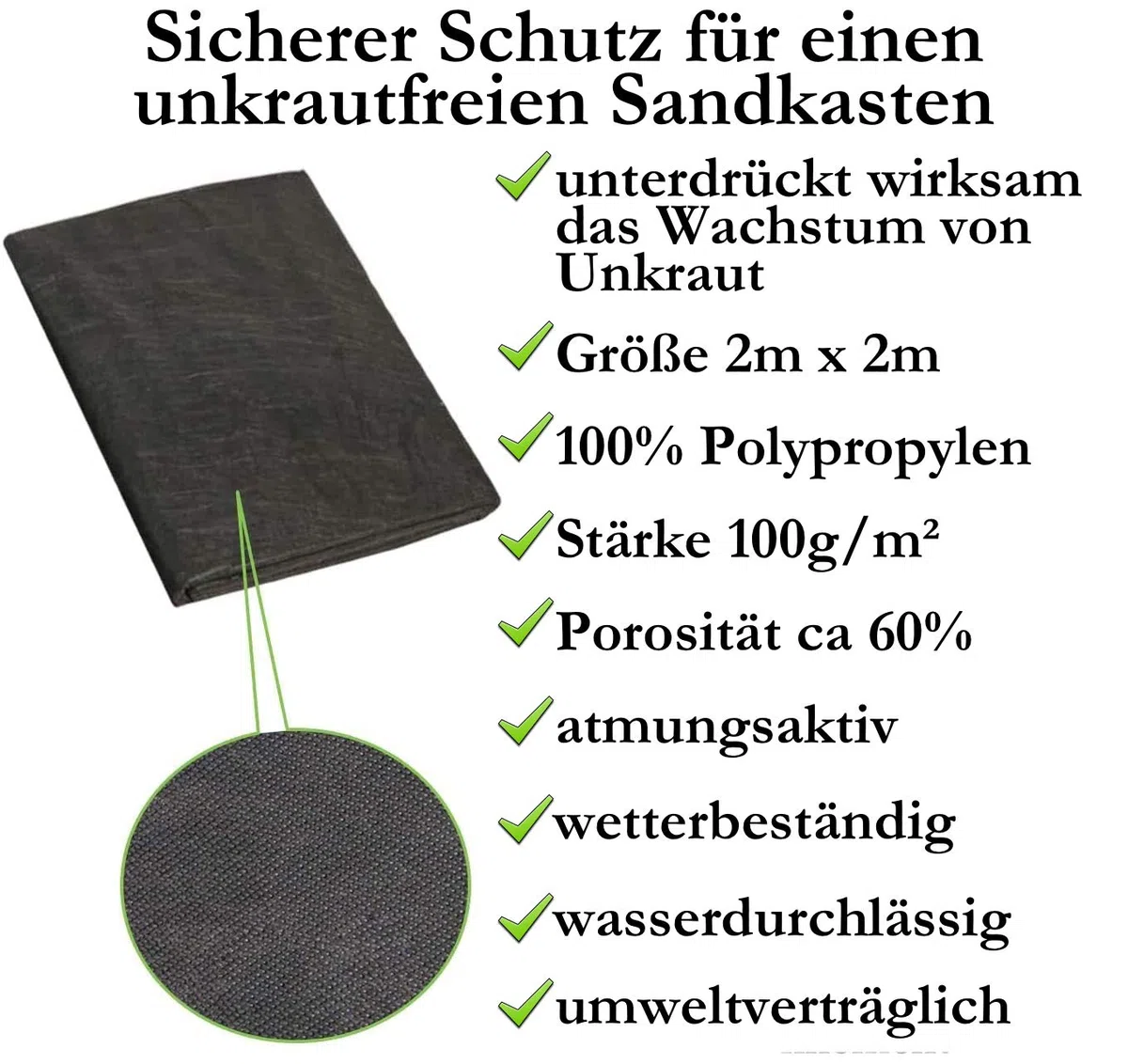 Sandpit fleece 2x2 m - vello antierba per i bambini Sandpit - sottostrato di sabbia impermeabile e permeabile all'acqua a prova di strappo ecologico