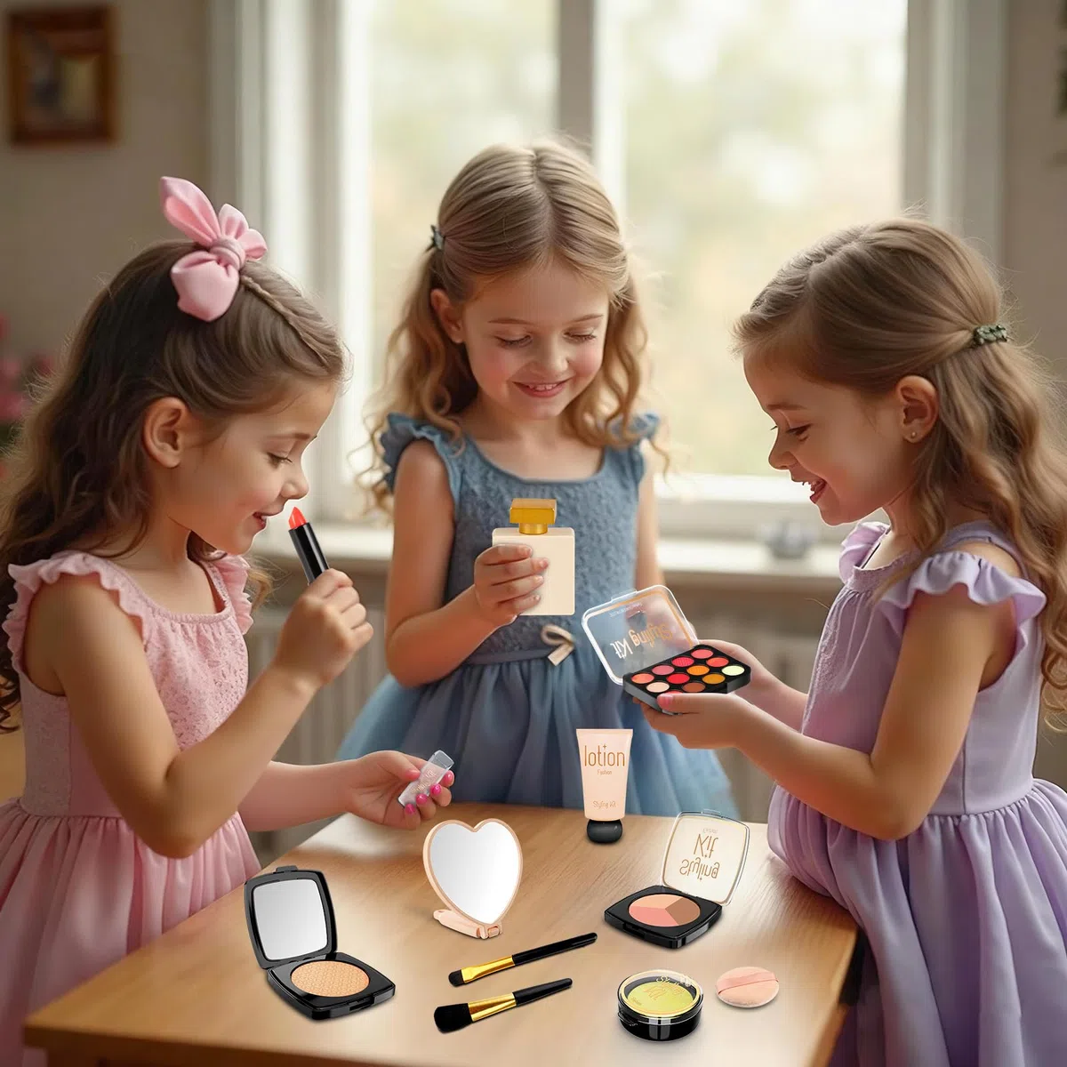Kit Trucco Finto per Bambine | Set Cosmetici Sicuri Non Tossici con Rossetto, Specchietto e Pennelli - Ideale per Bambine dai 3+ Anni (Nero)