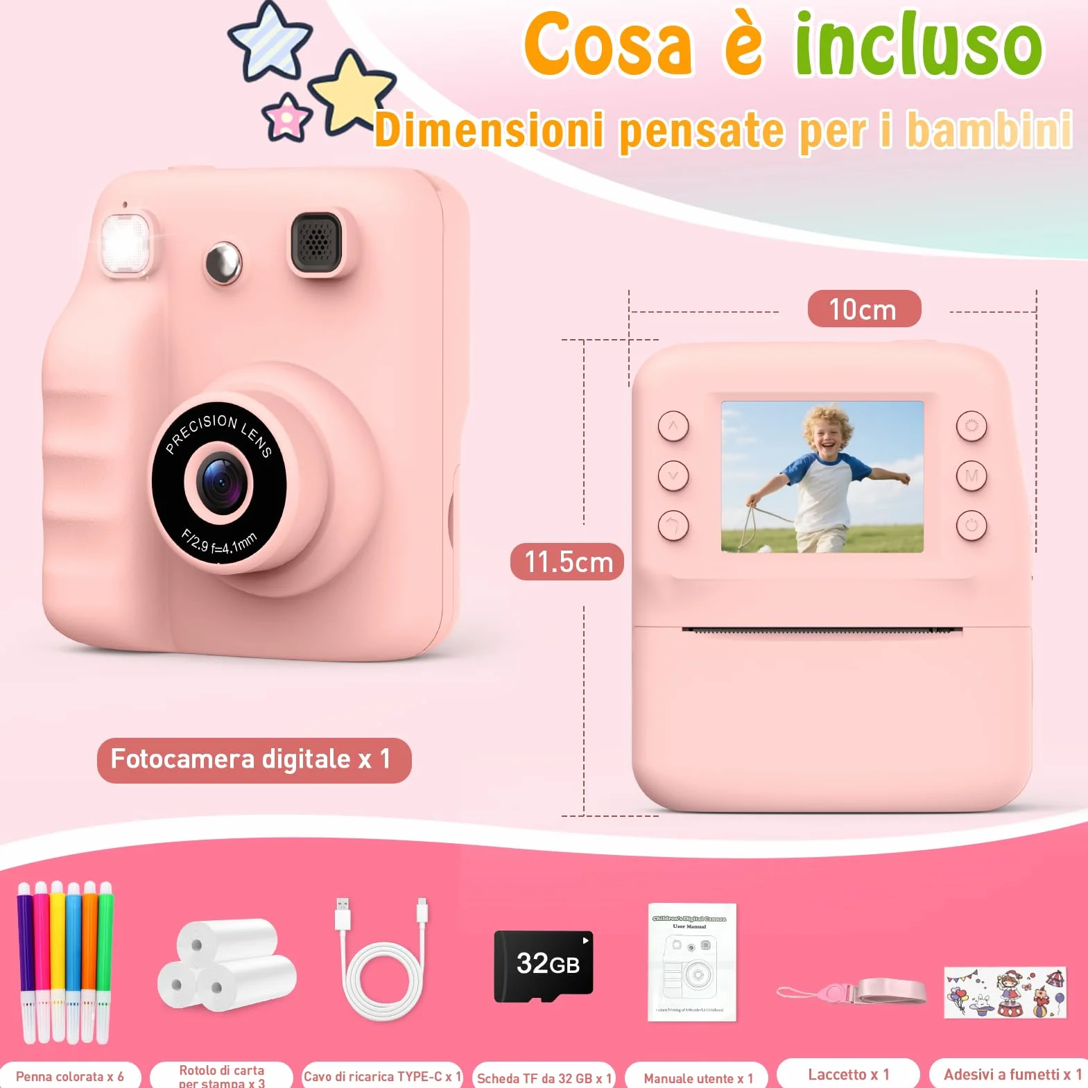 Macchina Fotografica Bambini Istantanea, 2.4" HD Fotocamera Bambini Regalo Bambina 3-10 Anni Macchina Fotografica Digitale Giochi Bambina 3-8 Anni Fotocamera Istantanea Regalo Natale
