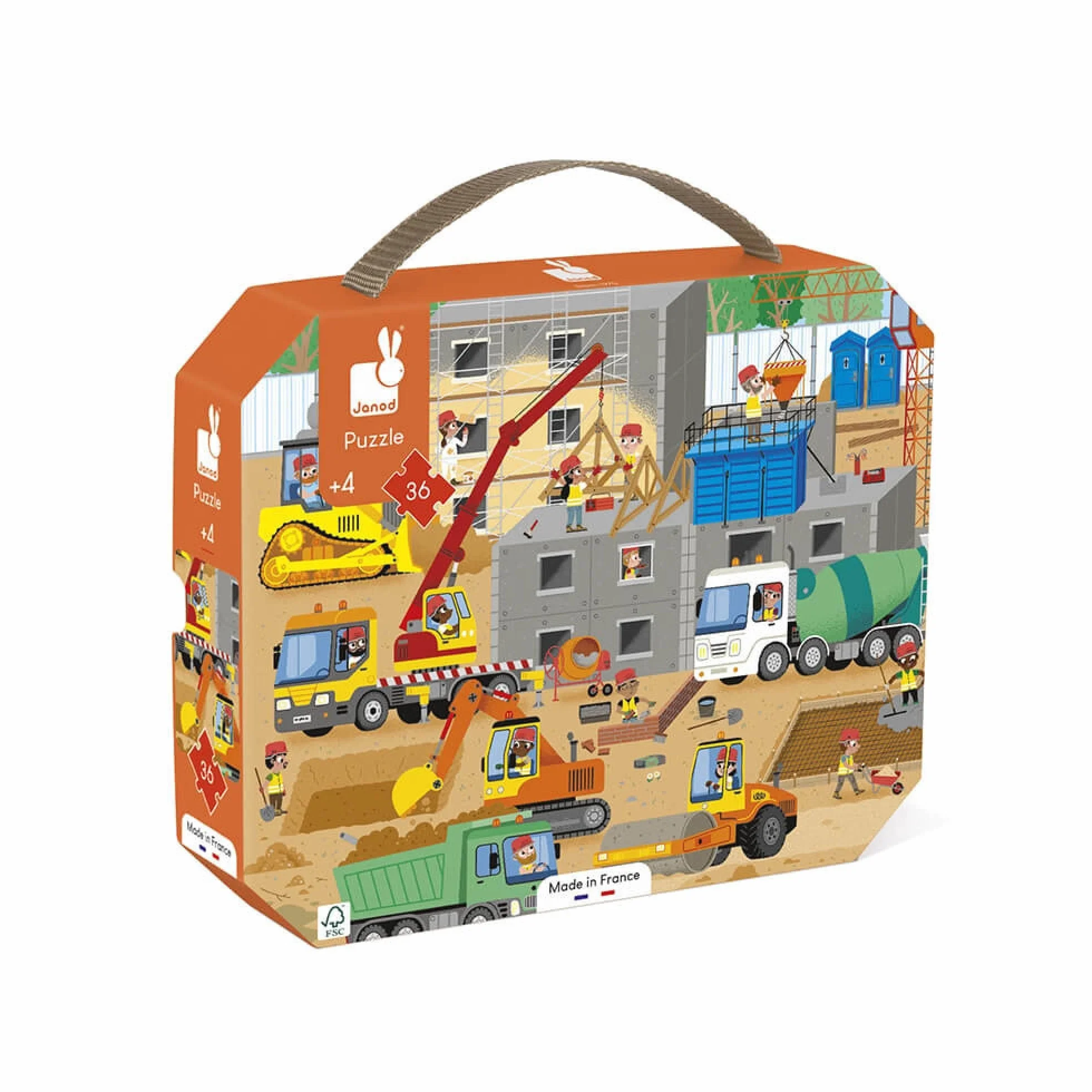 Janod - Puzzle Bambini Il Cantiere 36 Pezzi - Gioco Educativo Abilità Fino-Motorie e Concentrazione - Valigetta con Impugnatura - Fabbricato in Francia e Certificato FSC - Dai 4 Anni, J02604