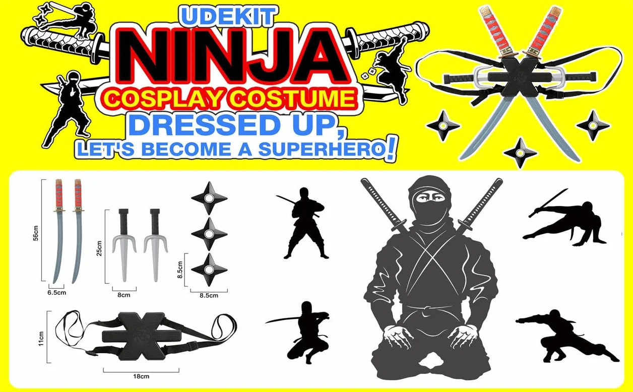 Set Armi Ninja per Bambini con Zaino, Spada Katana e Coltelli Giocattolo, Accessori Costume Ninja Samurai Giapponese, Costume per Halloween, Carnevale e Cosplay, per Bambini, Ragazzi e Adulti