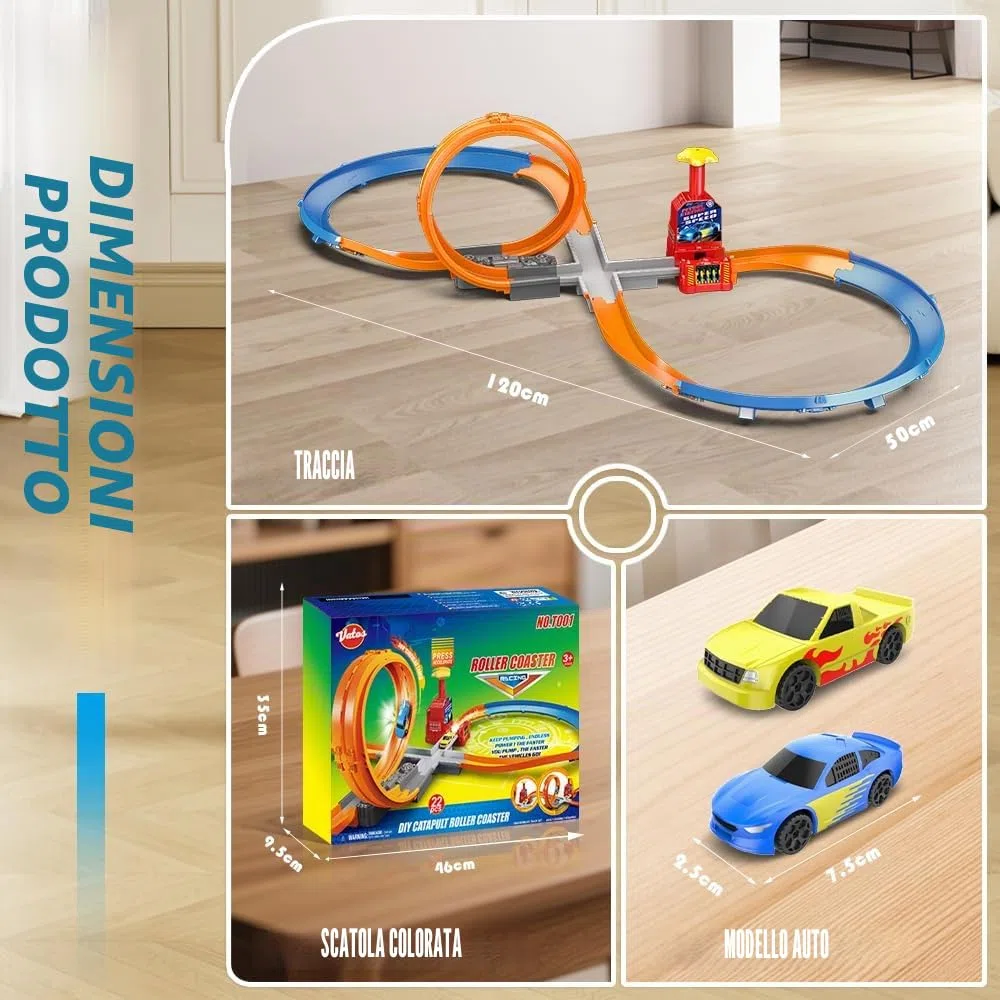Set pista per slot car VATOS per ragazzi - Pista slot per bambini con accelerazione manuale a 360 gradi, montagne russe con catapulta fai da te 3 4 5 6 7 8 9 10 bambini