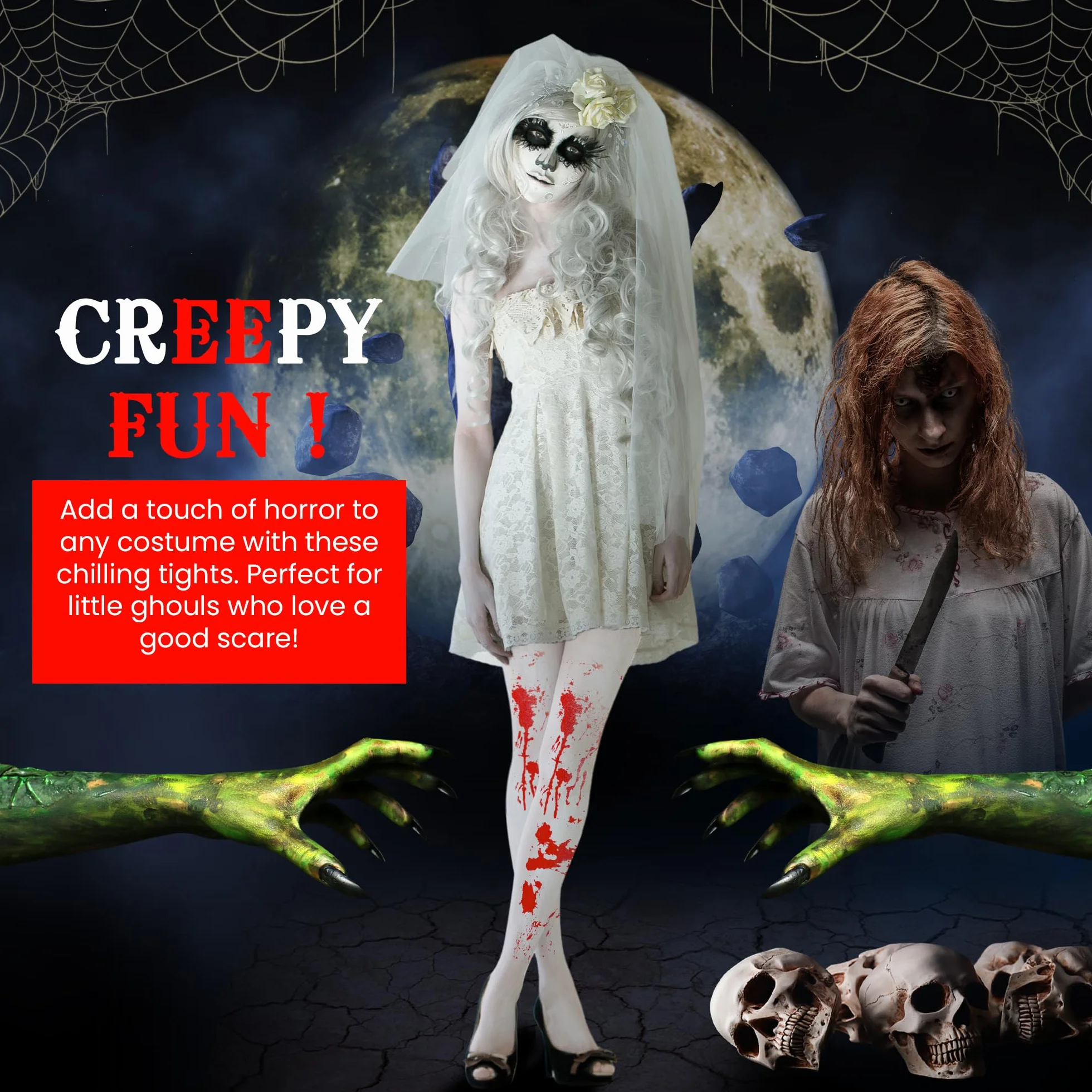 Collant macchiati di sangue per bambini costumi di Halloween - Collant macchiati di sangue rosso e bianco per età 7-12 - 1 paio di calze sanguinanti per ragazze zombie costumi di Halloween accessori