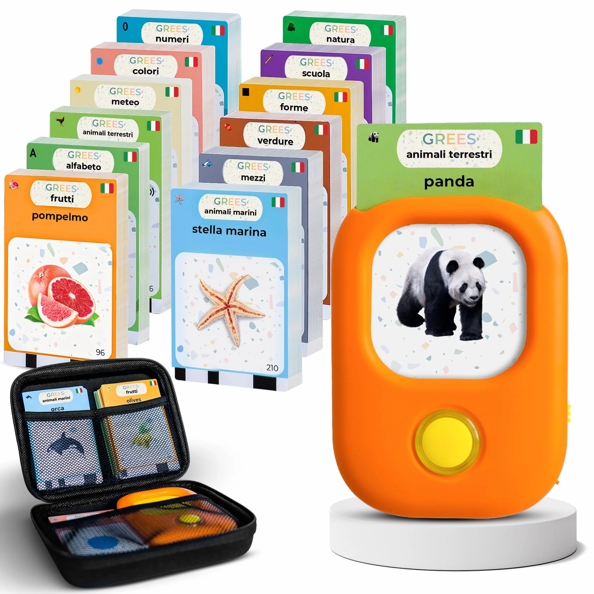 GREES Lettore Carte Educative Parlanti con Borsa | Flash Cards 258 Parole Italiano, 12 Temi | Giocattoli Montessori Senza Schermo Bambini 2-7 Anni | Linguaggio, Logopedia, Autismo | Regalo Compleanno