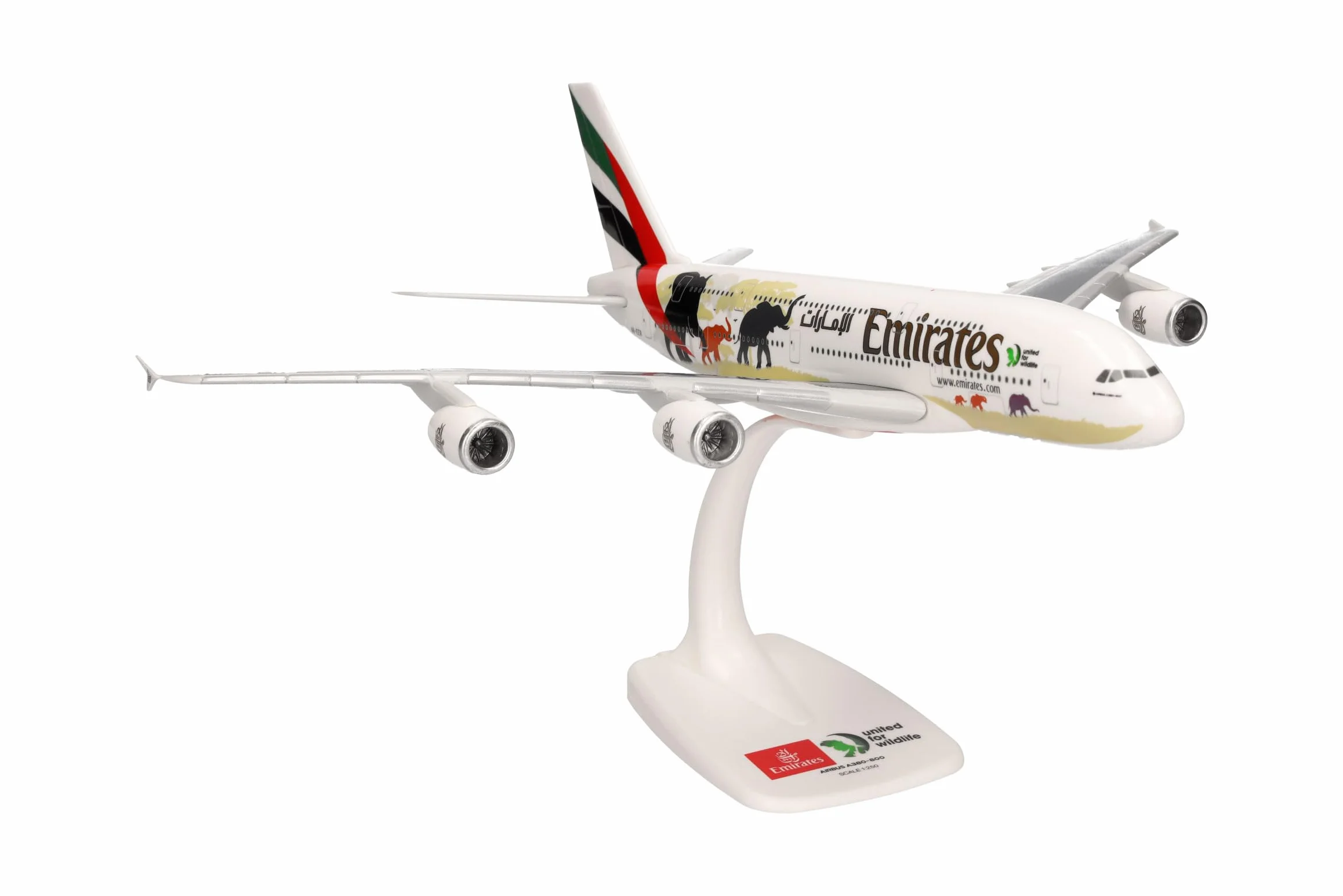 herpa modello di aereo Emirates Airbus A380 United for Wildlife (No.2), in scala 1:250 - Snap-Fit, pezzo da collezione, miniatura deco, statuetta con supporto in plastica