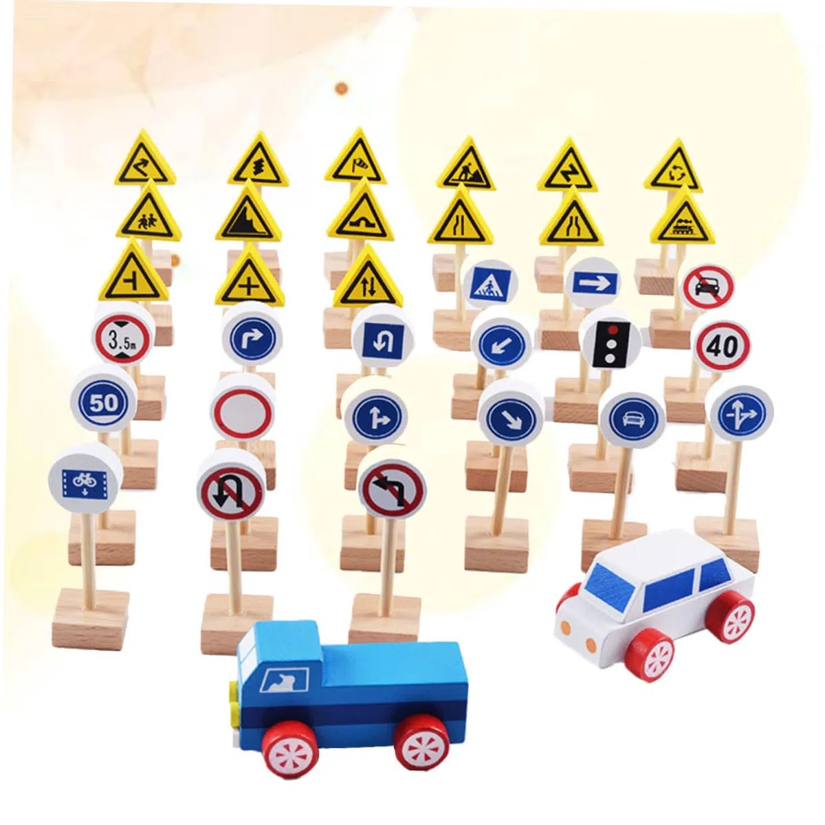 Abaodam 35 Pezzi Segnali Stradali in Legno Faggio Gioco Educativo per Bambini Playset Cartelli Stradali per Bambini per Apprendimento Traffico E Sviluppo Abilità