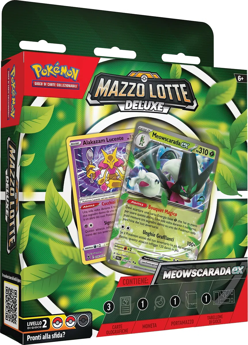 Mazzo Lotte Deluxe Meowscarada-ex del GCC Pokémon (Mazzo di 60 Carte Pronto per Giocare e altri Accessori), Edizione in Italiano