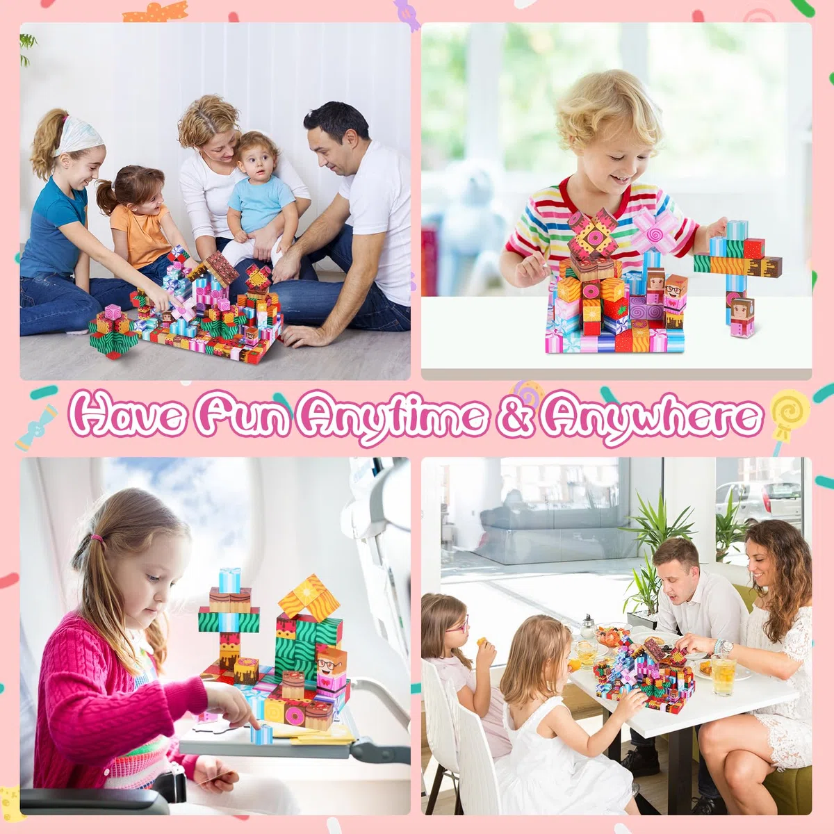 Blocchi Magnetici per Bambini - 100 Pezzi Cubi Magnetici per Bambini, Costruzioni Magnetiche per Costruire un Mondo Fantastico - Mondo Delle Caramelle, Età 3+