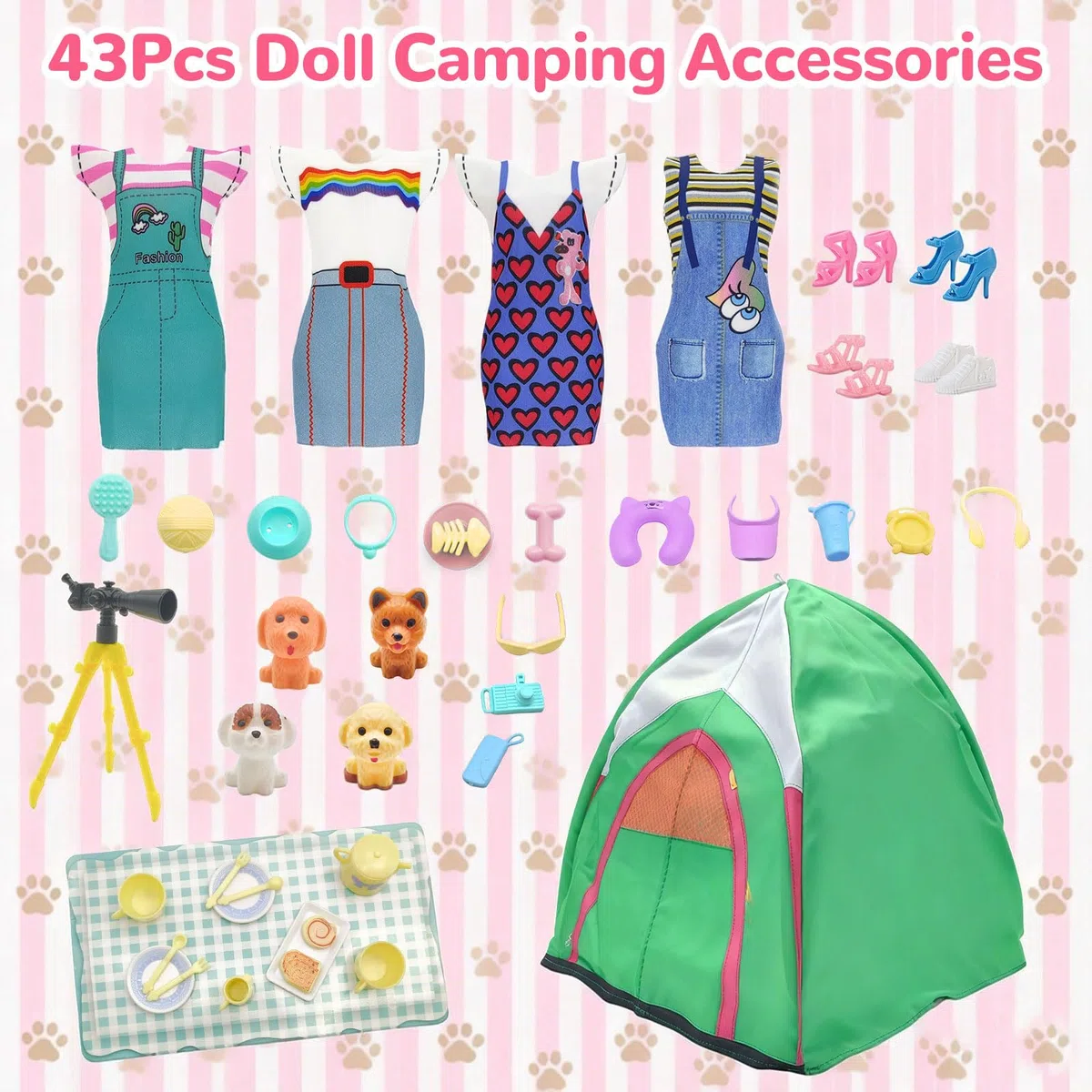 43 pezzi set di abbigliamento da campeggio compatibili con Barbie, accessori per bambole da 29,2 cm: 1 tenda per bambole, 4 vestiti, 4 scarpe, 4 cuccioli, 7 animali domestici, 1 accessorio binocolo