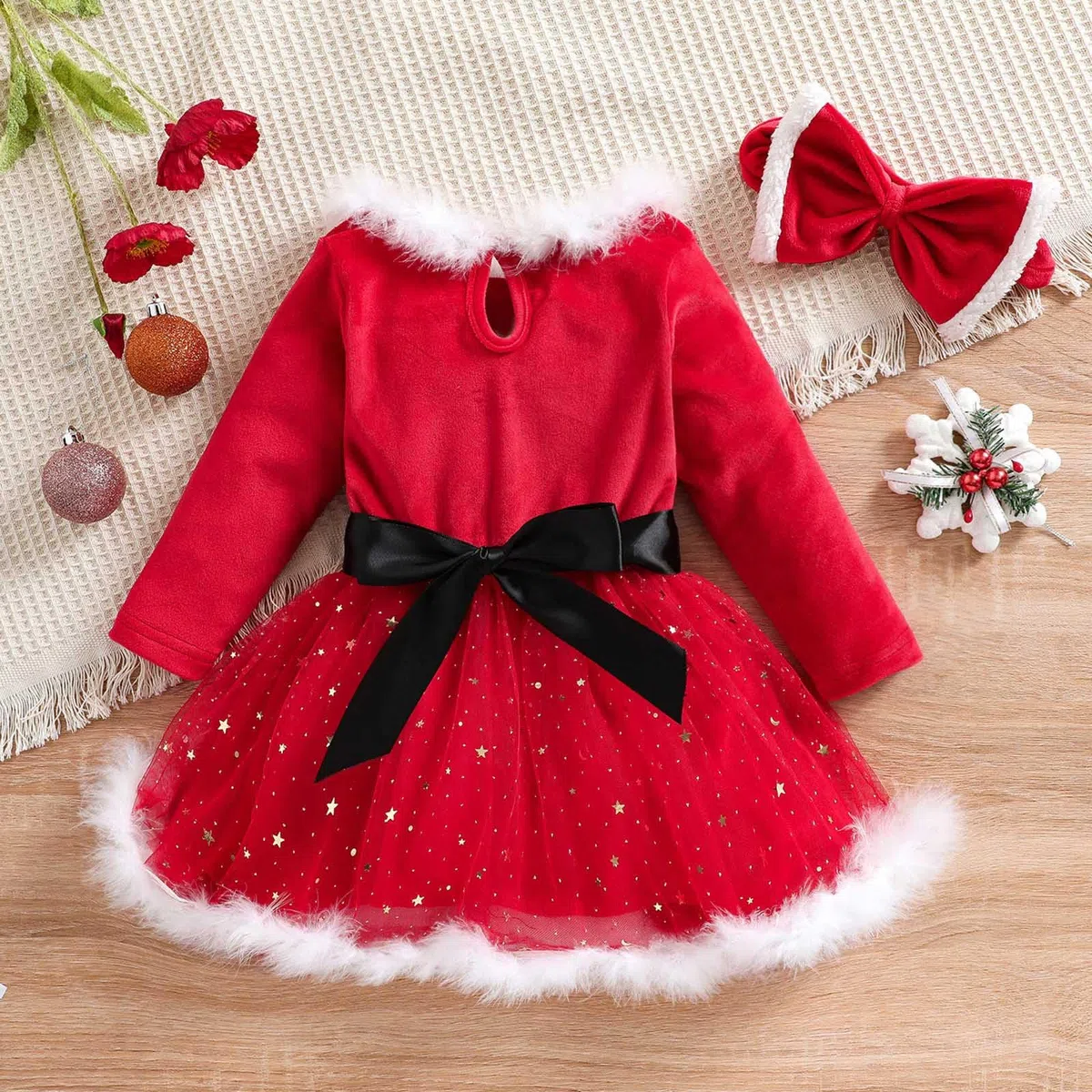 3Pcs Costume Babbo Natale Bambina Vestito Natale Bambina Costume Natalizio Completo Festival Abiti da Festa + Scialle + Cappello Ragazza Vestiti Natalizi Bambina
