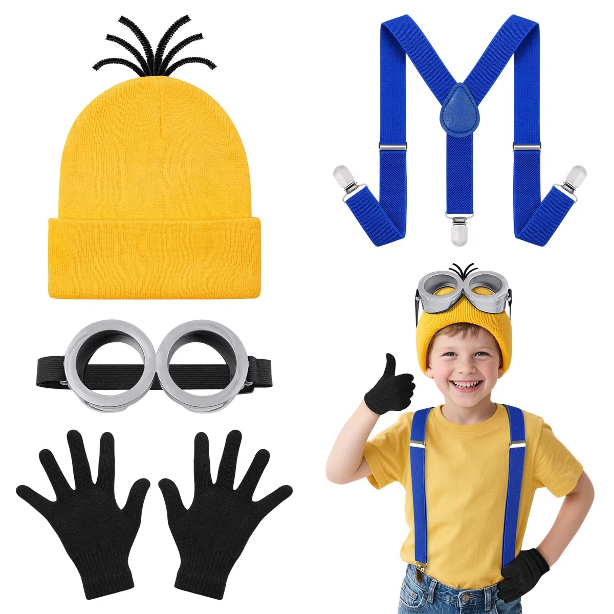 DiULi Accessorio per travestimenti, 4 pezzi accessori giallo Cosplay per bambini, kit di decorazione con occhiali, cappello, guanti e bretelle, blu, per feste, Halloween, Carnevale, Due occhi-4 pezzi