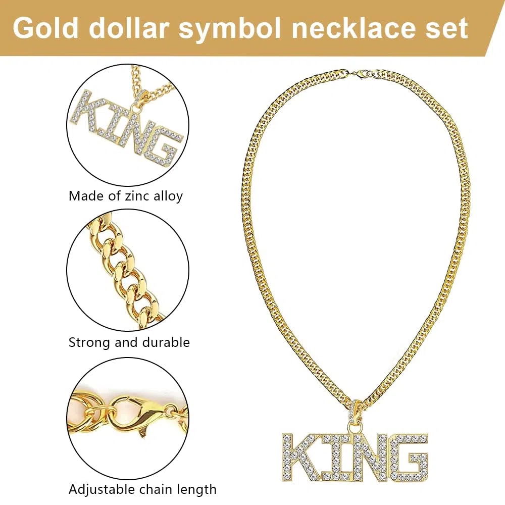 Set Accessori Rapper Costume Hip Hop Collana e Anello con Segno del Dollaro Catena d'oro Finta King Sign hip hop per Feste Anni '80 '90 Accessori per Rapper Decorazioni a Tema Mafia