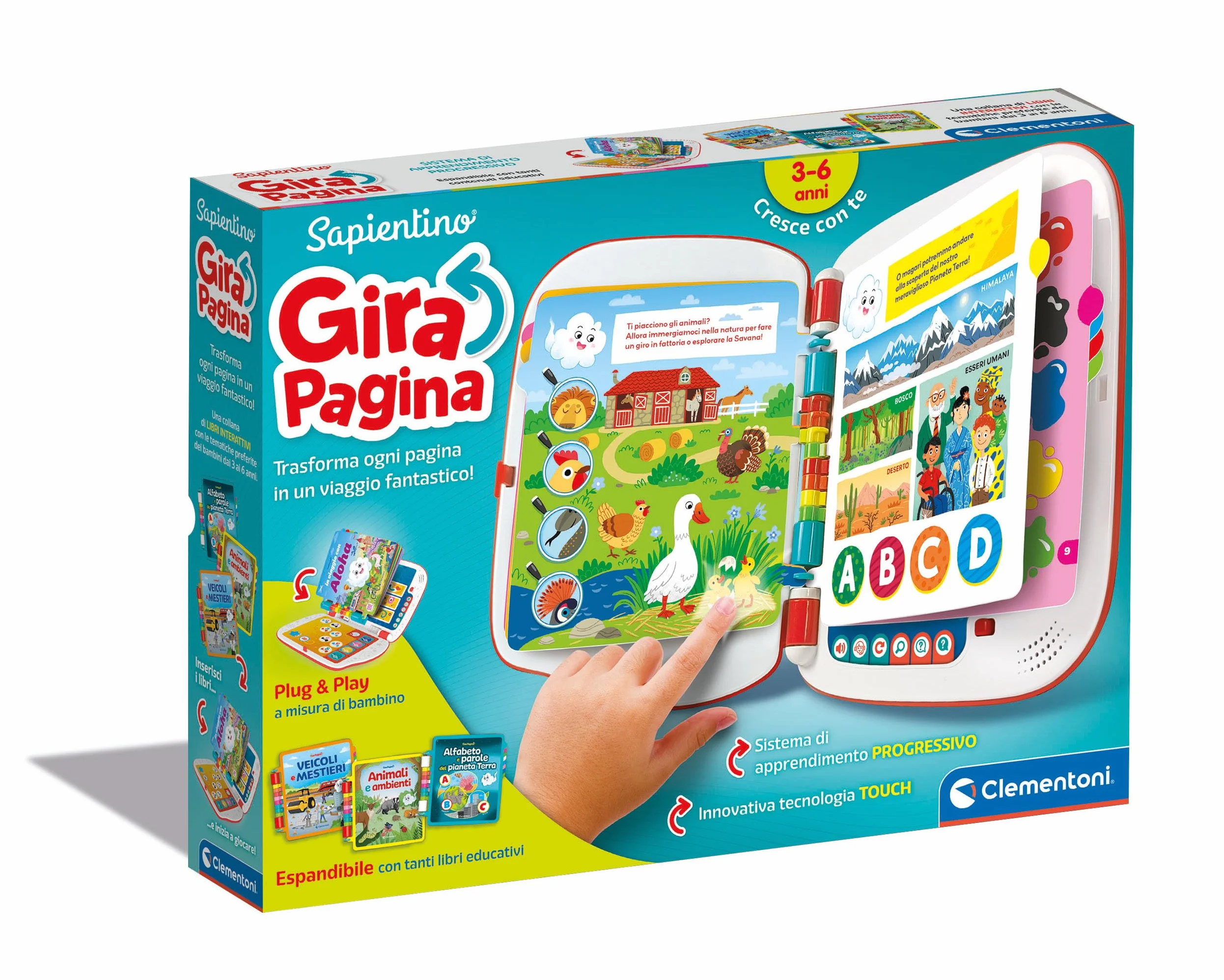 Clementoni - 16430 - Sapientino - Girapagina - Libro Elettronico Bambini, Gioco Educativo 3-6 Anni, Libro Interattivo, Elettronico Parlante, Apprendimento Acustico, Con Batterie