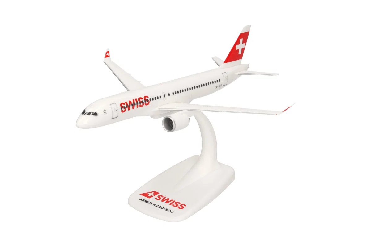 herpa modello di aereo Swiss International Air Lines Airbus A220-300 – HB-JCQ, in scala 1:200 - Snap-Fit, pezzo da collezione, miniatura deco, statuetta con supporto in plastica
