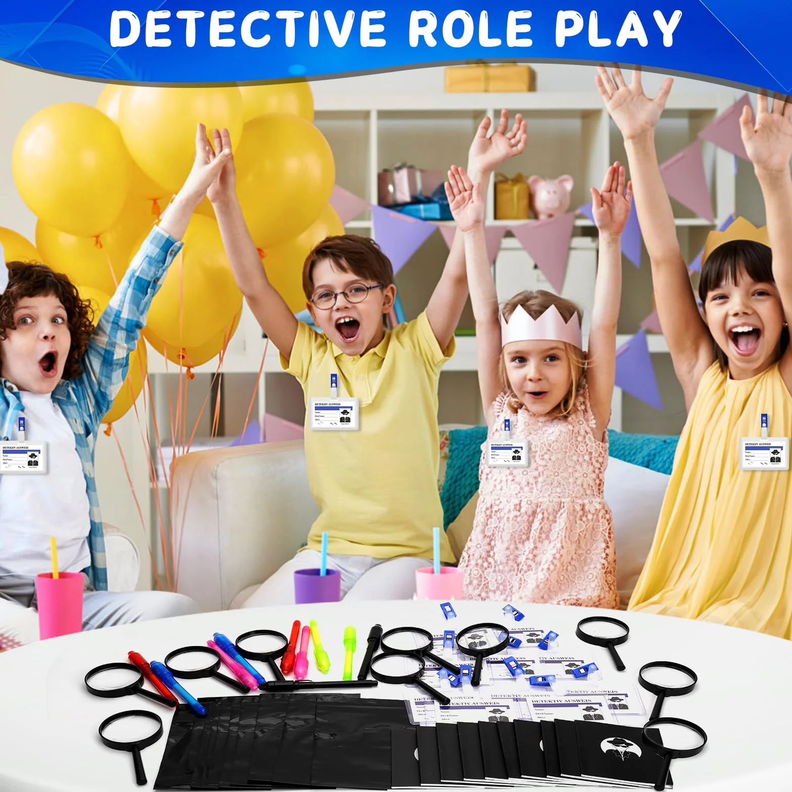 Gioco investigativo per bambini, 50 pezzi, kit spia con notebook, lente d'ingrandimento e carte d'identità detective