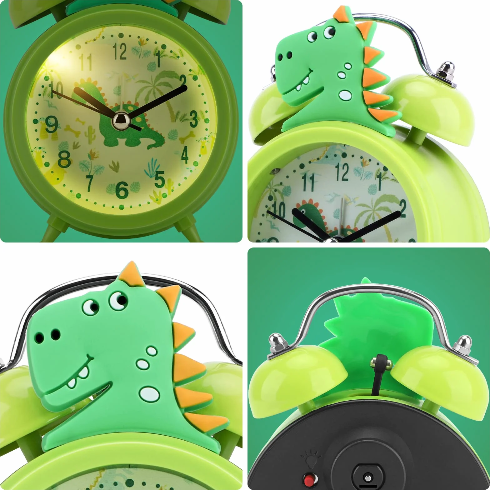 TCJJ Sveglia con dinosauro per ragazzi, senza ticchettio, sveglia verde per bambini e ragazzi, classica sveglia a doppia campana forte, retroilluminata, adatta per regali scolastici