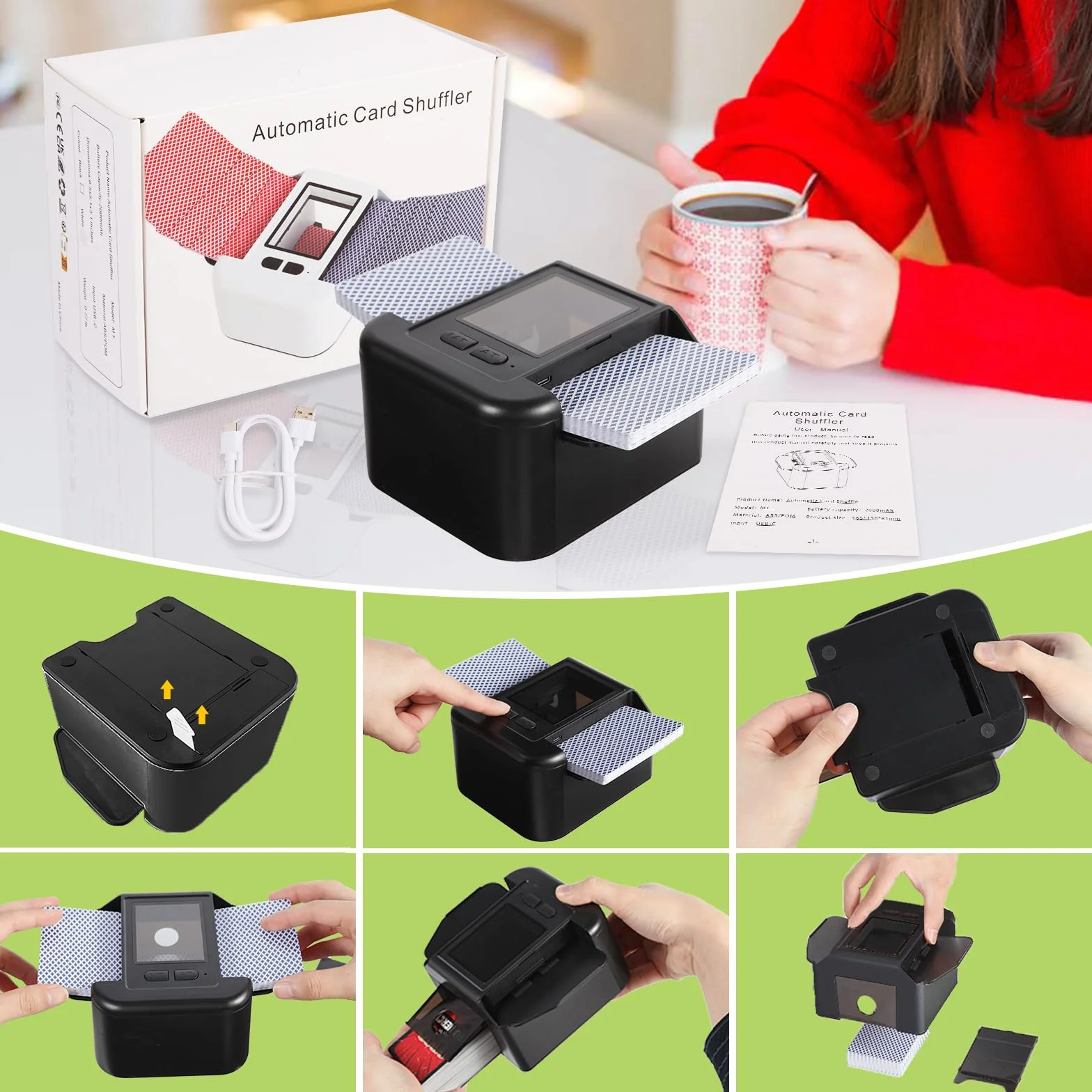 Shuffler automatico per carte da 1-2 deck, 2000 mAH ricaricabile e portatile USB di ricarica Shuffler One-Press AUTO e modalità manuale per mischiare carte per poker UNO Blackjack Skip-Bo