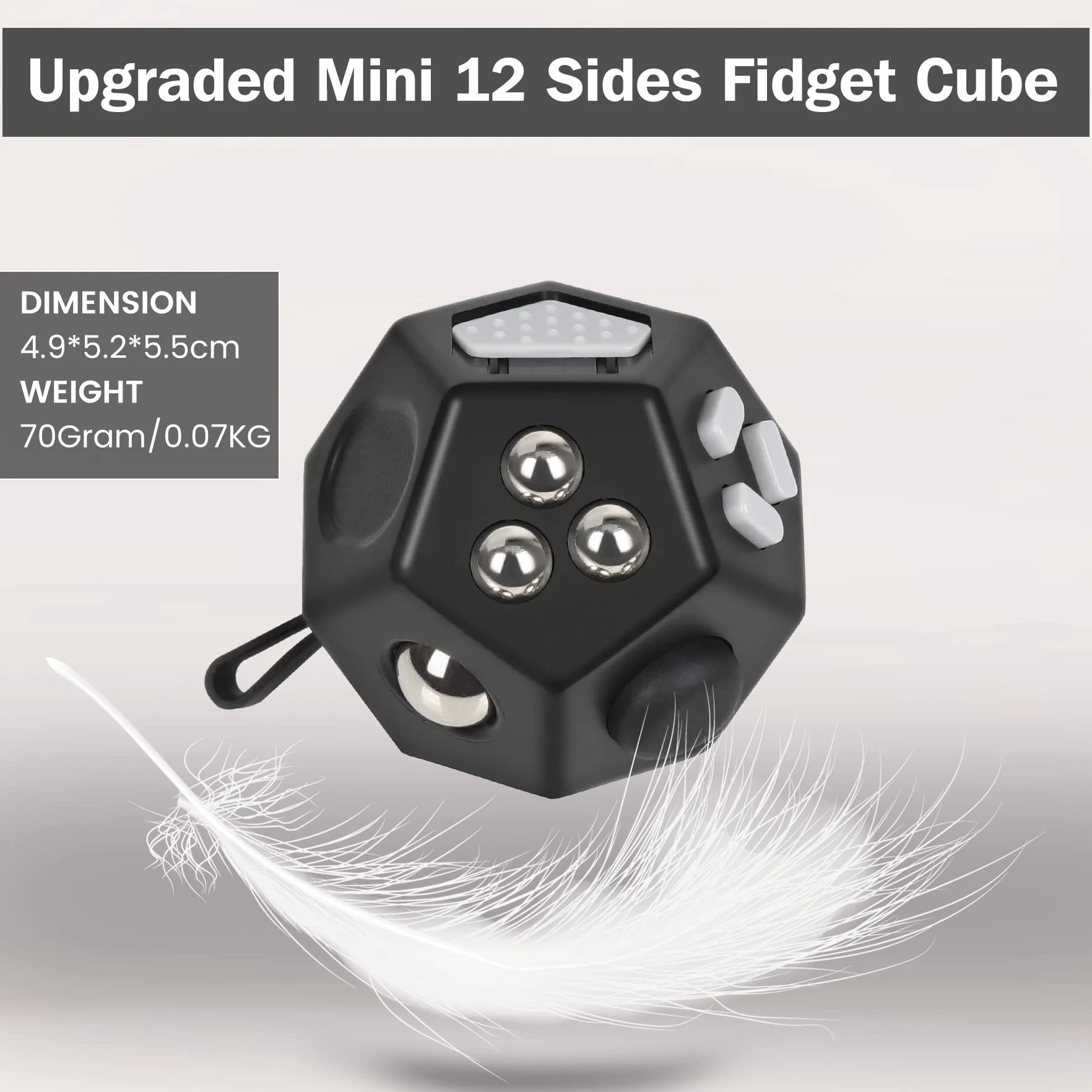 VCOSTORE Mini Fidget Cubo da stress a forma di cubo, 12 lati, per alleviare l'ansia, portatile, per bambini e adulti, con ADHD ADD OCD autismo (nero)