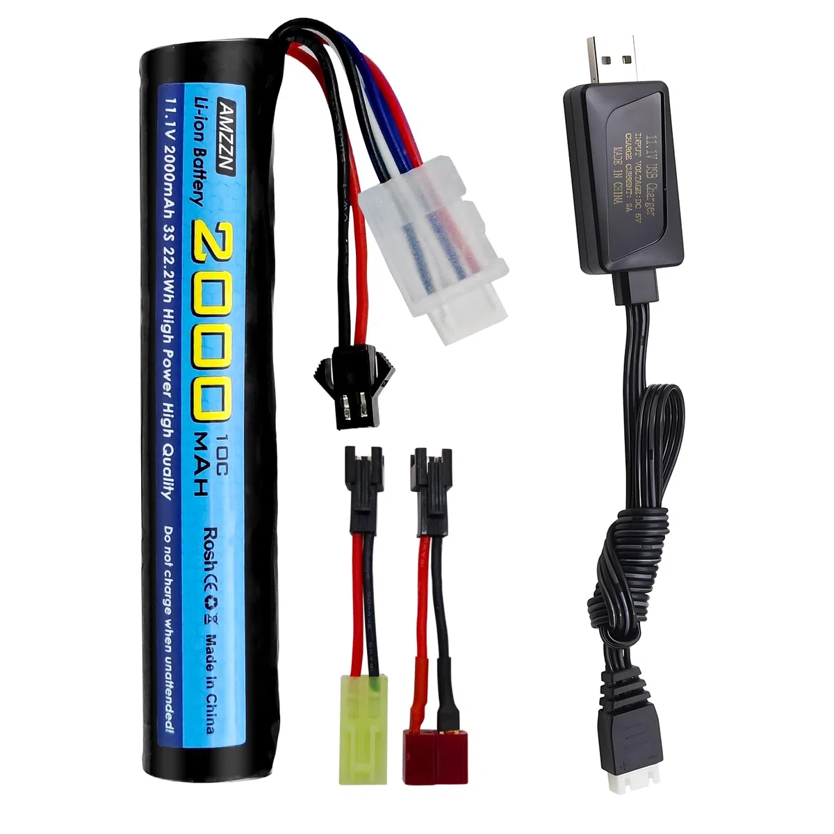 11.1V 10C 2000mAh batteria agli ioni di litio con SM-2P, T, cavo di conversione della spina Odamiya e Caricatore USB è adatto per il blaster di gocce d'acqua del gel della pistola ad aria