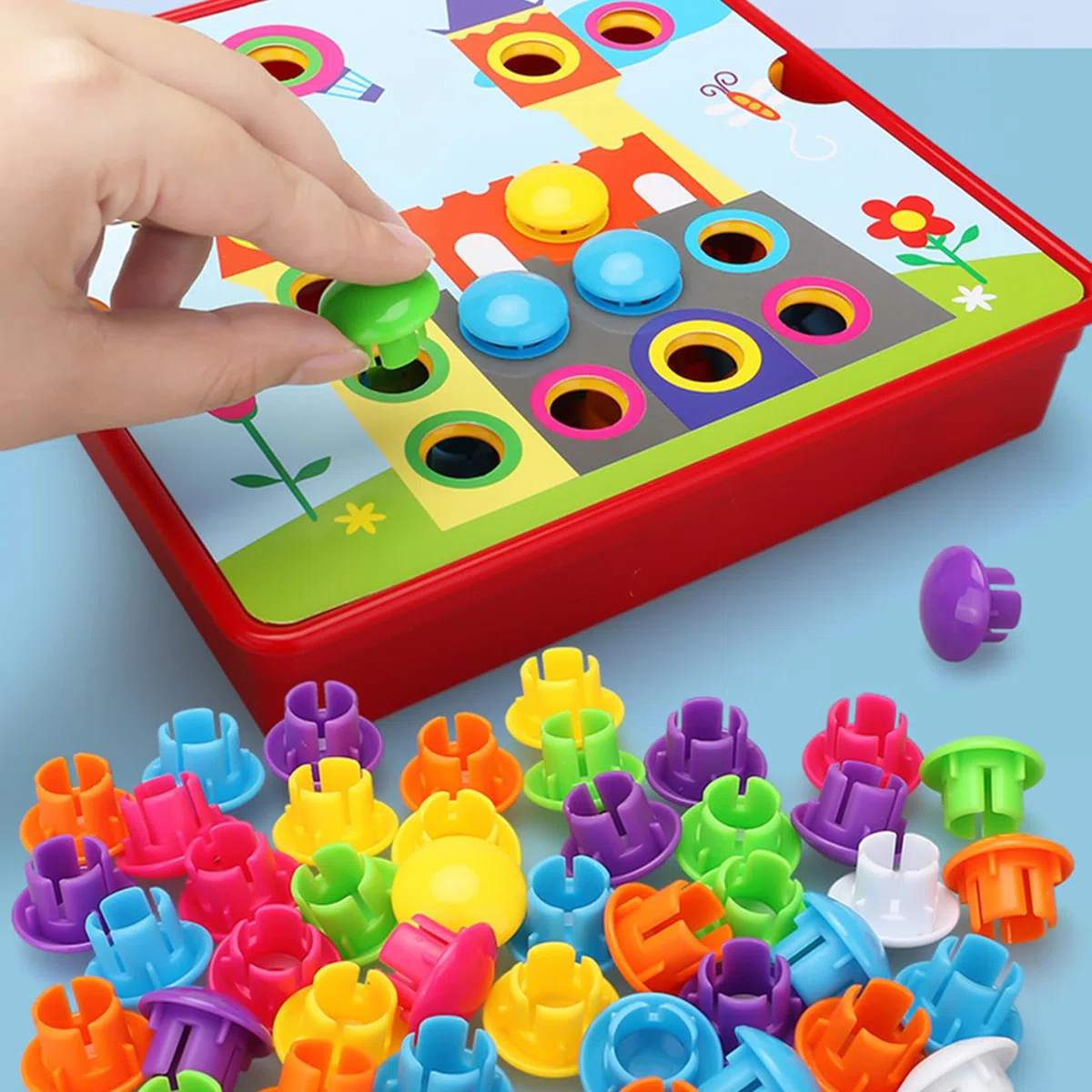 JurciCat Gioco Bottoni per bambini Con 46 grandi perline e 12 carte colorate Chiodini per bambini 2 anni Giocattolo educativo Regalare Regalo di Compleanno(Dinosauri)
