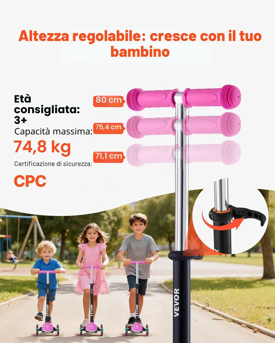 VEVOR Monopattino per bambini dai 3 anni in su, monopattino a 3 ruote con ruote luminose, manubrio regolabile in altezza, ampia pedana antiscivolo, telaio in alluminio leggero per ragazzi e ragazze
