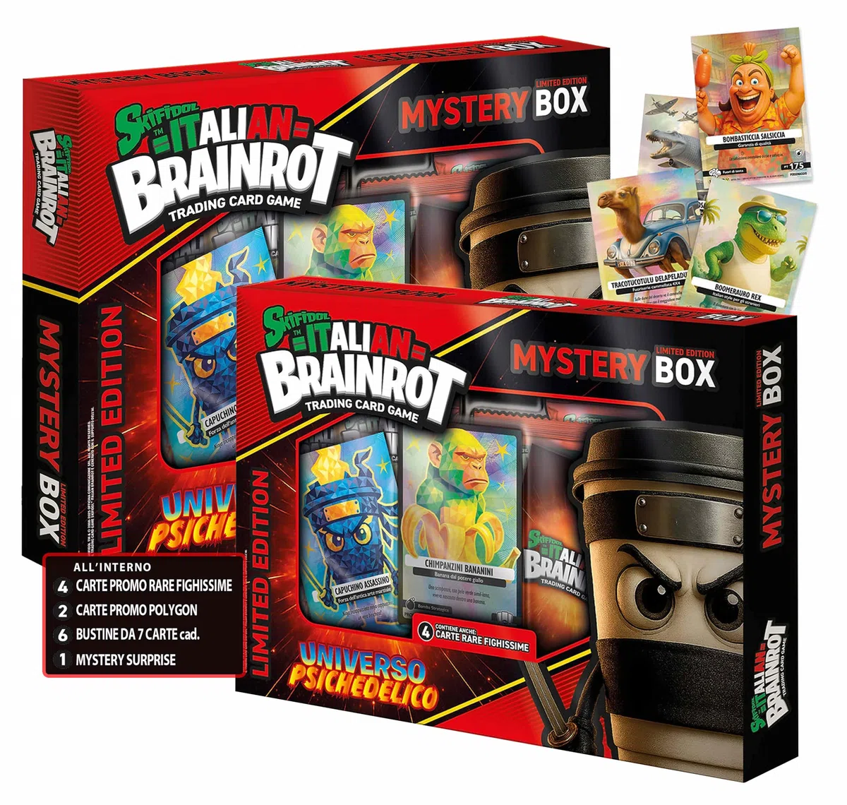 Generico Skifidol Italian Brainrot Mystery Box Universo Psichedelico, Trading Card Game, Edizione Limitata con 4 Carte Promo Rare, 2 Polygon e 42 Carte Serie Alpha