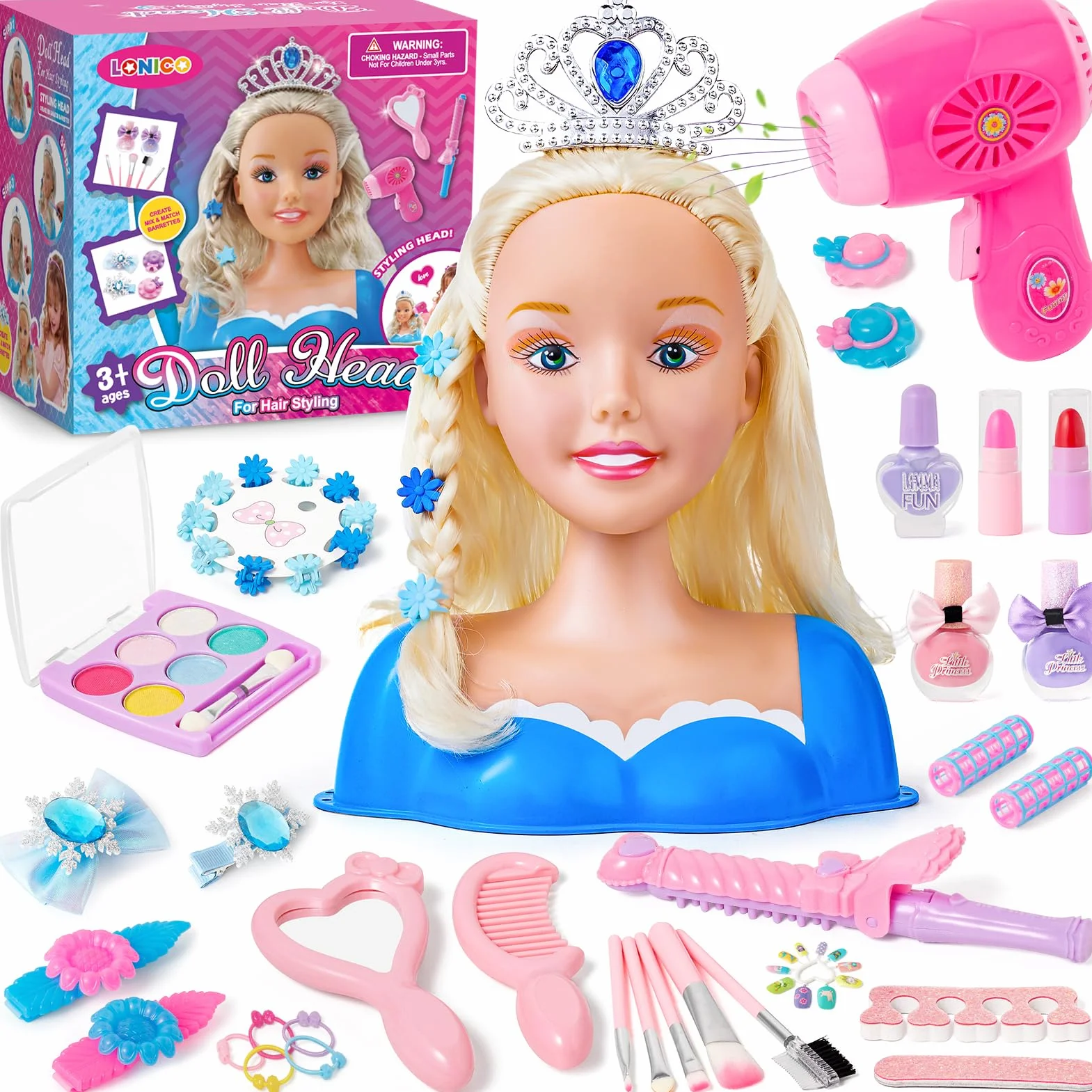 52Pcs Set Parrucchiere per Bambini Trucco in Stile Giocattolo, Hair Styling Head Teste da Truccare, Parrucchiere da Kit Bellezza Trucco Giocattolo Regali Natale Compleanno per Ragazze 3 4 5 6 Anni