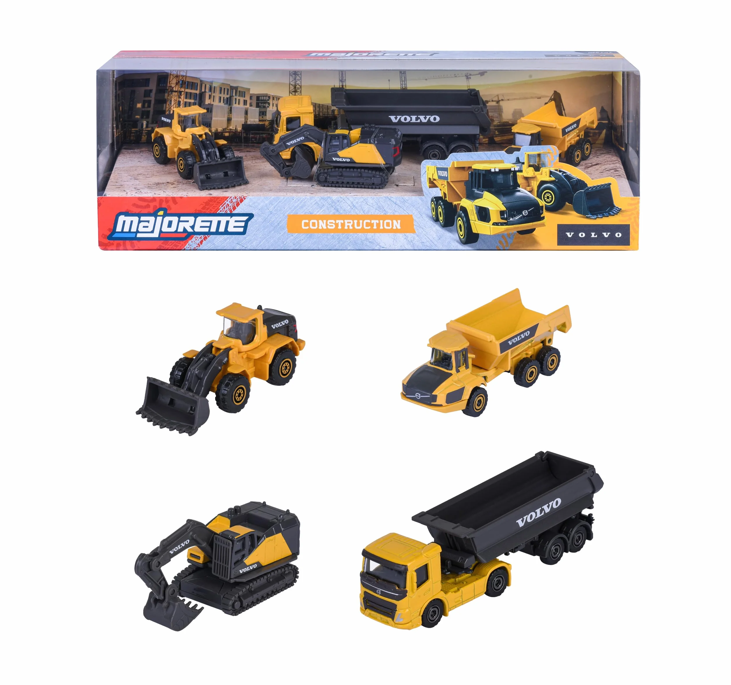 Majorette – Volvo Construction 4 Pieces Giftpack – Set Veicoli da Cantiere in Metallo, 4 Mezzi da Costruzione con Parti Mobili, 8503105000S06, Giocattolo per Bambini dai 3 Anni in su