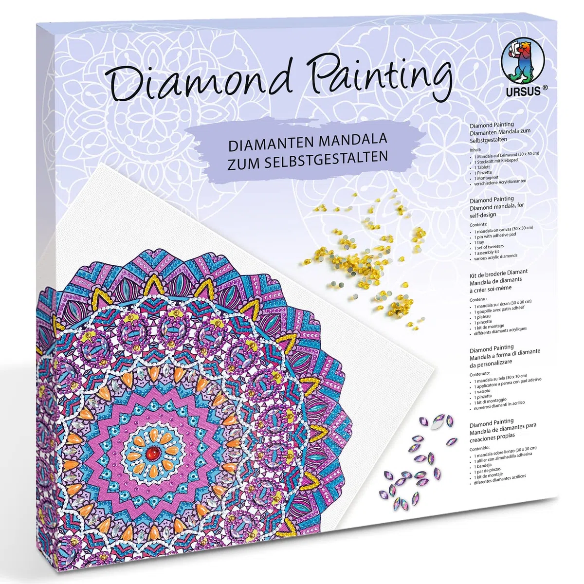Ursus 43520008F - Diamond Painting Mandala Set 8, set artigianale con tela e pietre nei toni del viola, rosa e blu