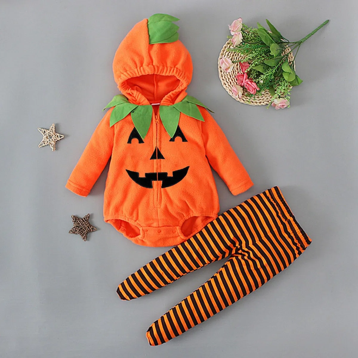 Achimlt 2 Pezzi Costume Halloween Neonato Zucca Tutina Pagliacetto Bebé Unisex, Zucca Vestito Halloween Neonato con Cappuccio Leggings a Piedi a Righe per Carnevale Feste e Cosplay
